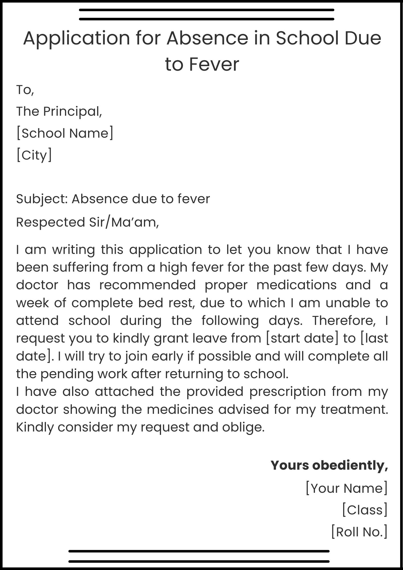 Application for Absence in School Due to Fever