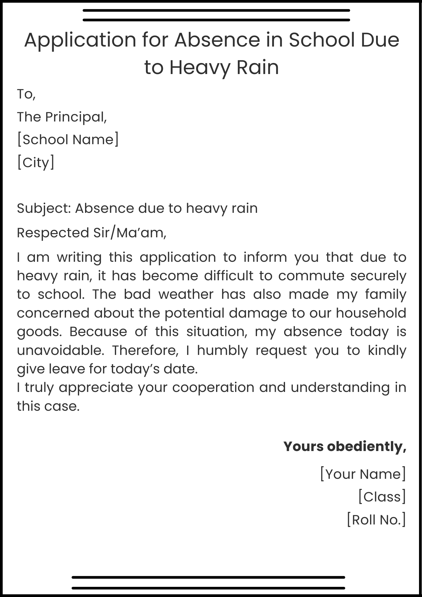 Application for Absence in School Due to Heavy Rain