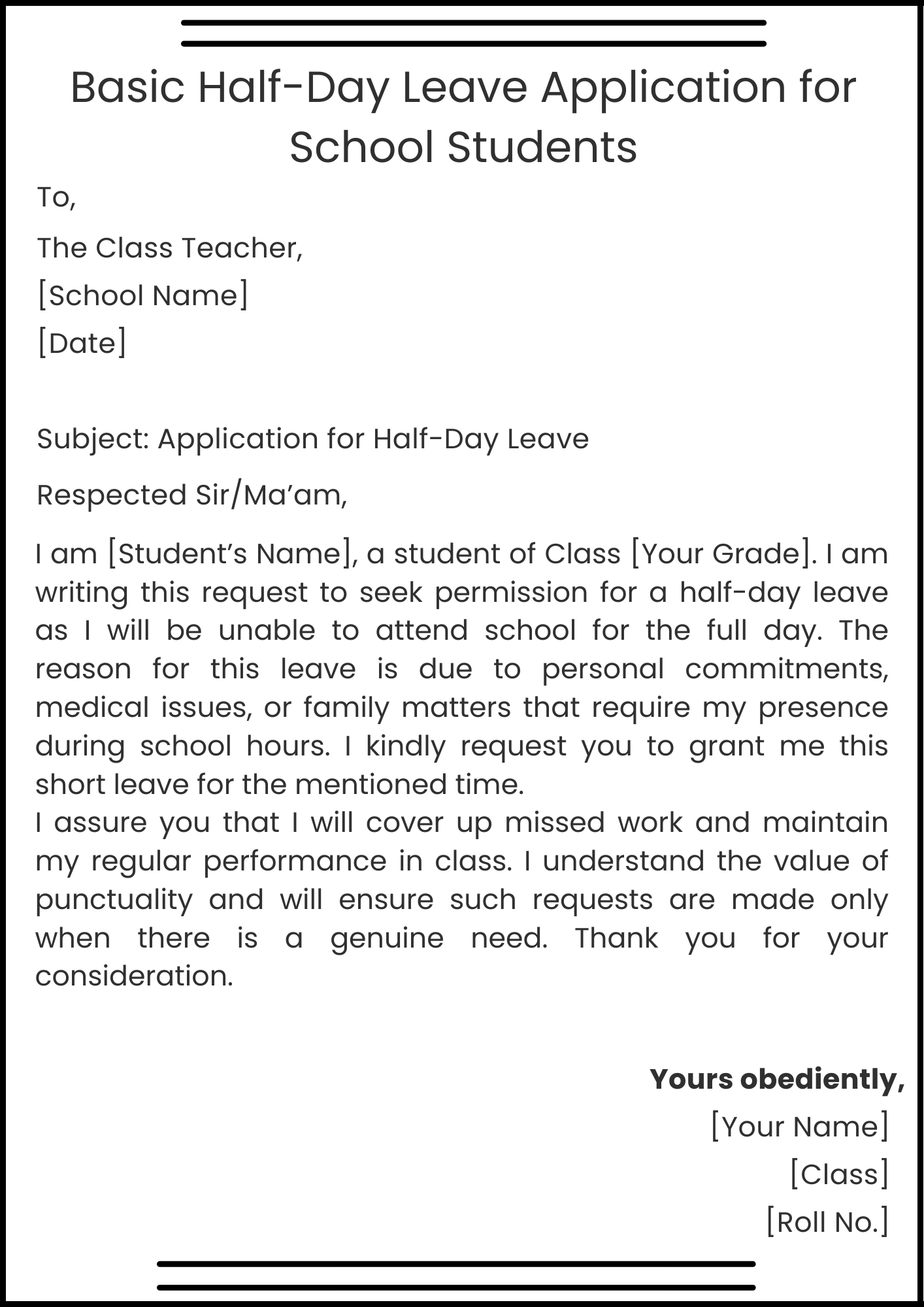 Basic Half-Day Leave Application for School Students