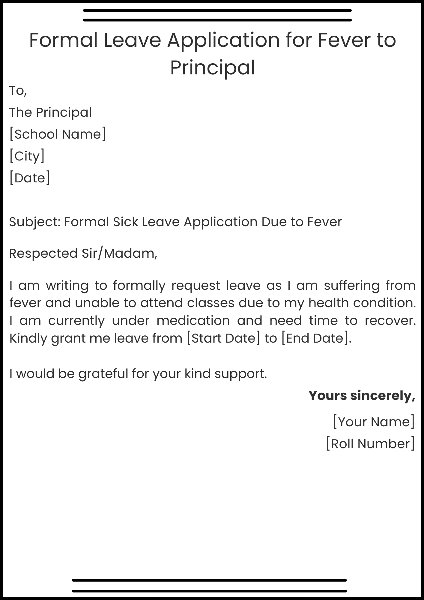 Formal Leave Application for Fever to Principal