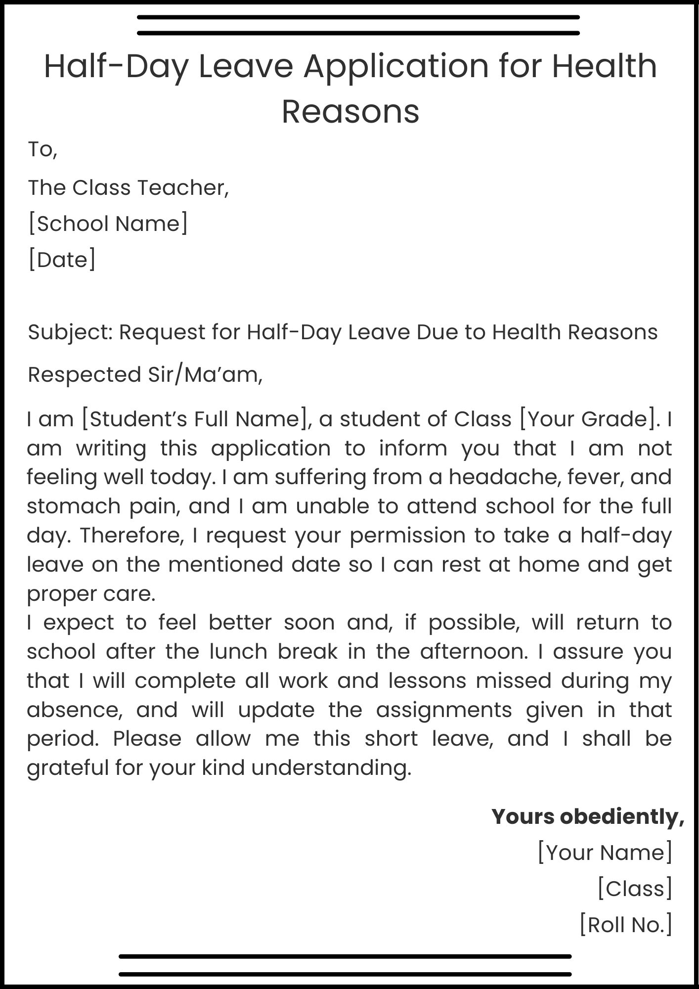 Half-Day Leave Application for Health Reasons