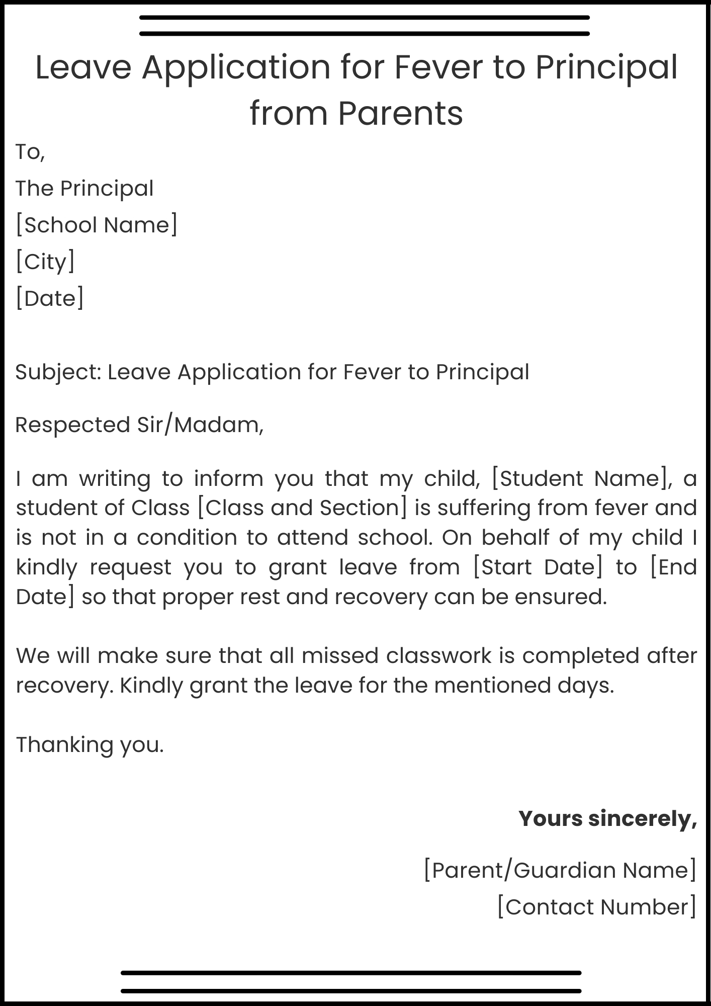 Leave Application for Fever to Principal from Parents