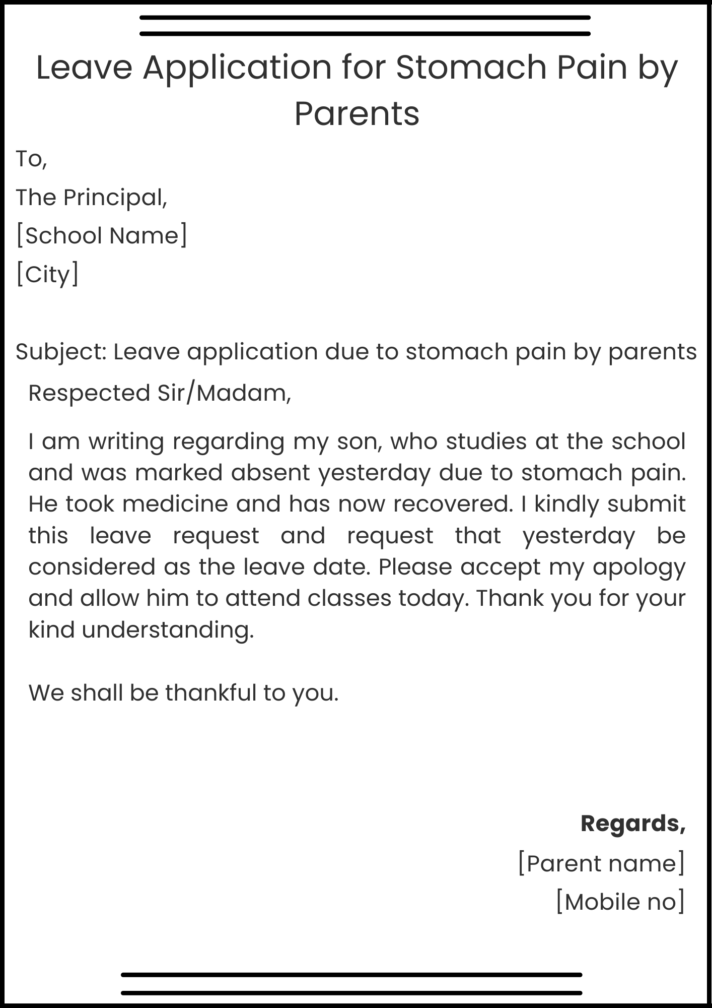 Leave Application for Stomach Pain by Parents