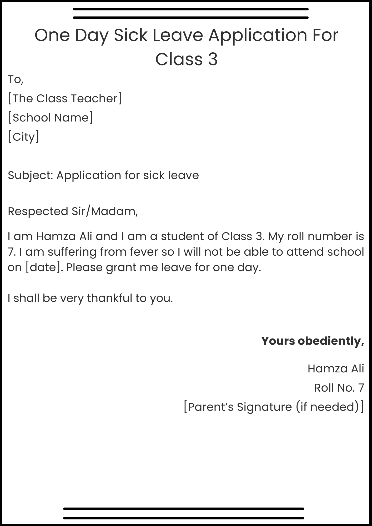 One Day Sick Leave Application For Class 3