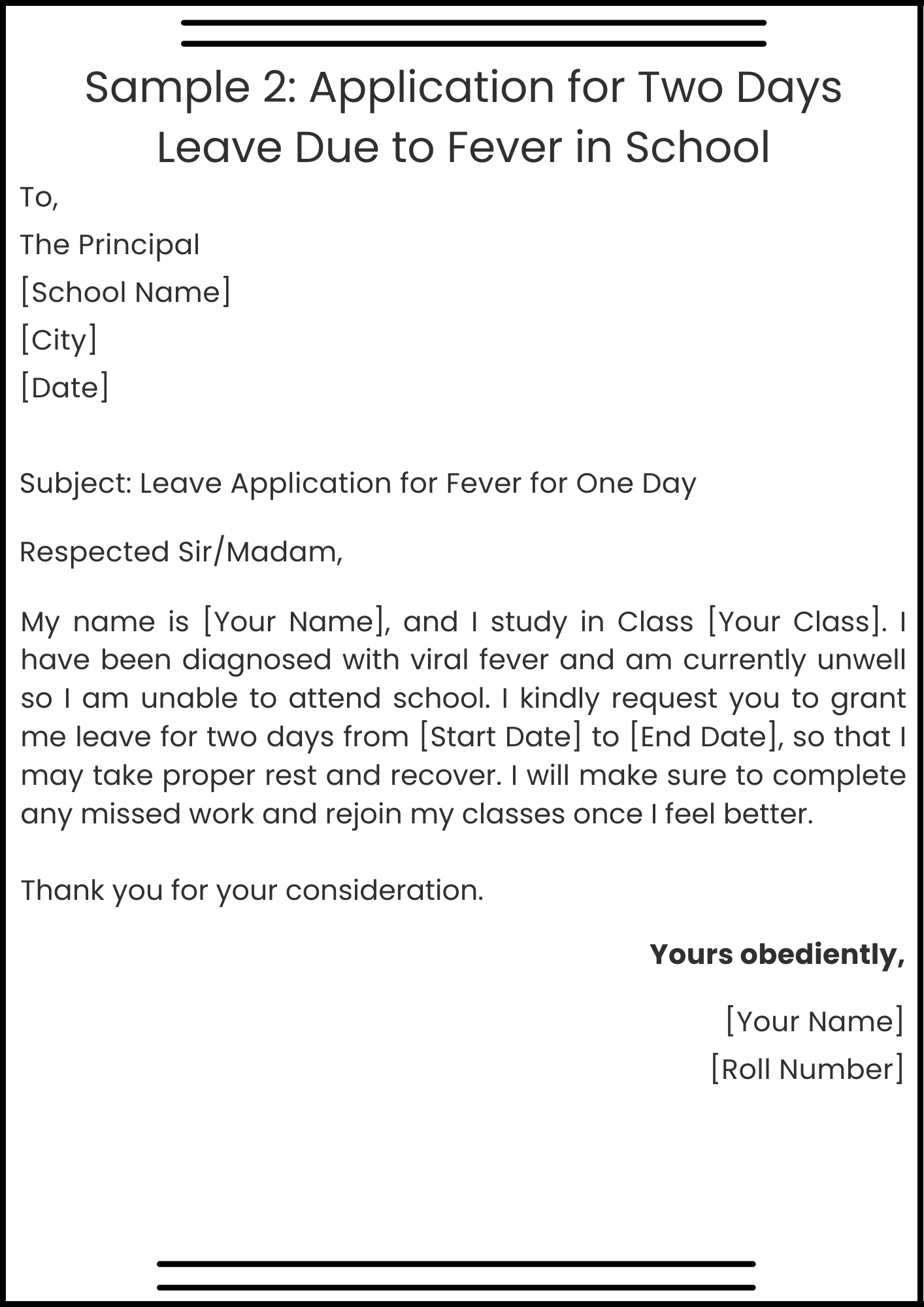 Sample 2: Application for Two Days Leave Due to Fever in School