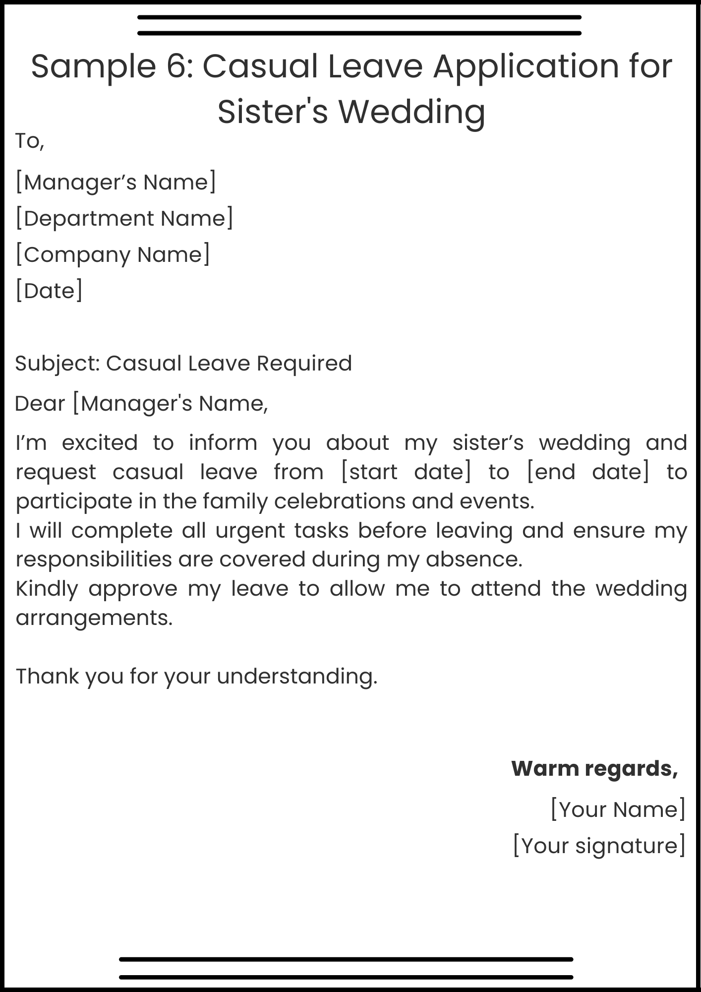 Sample 6 Casual Leave Application for Sister's Wedding
