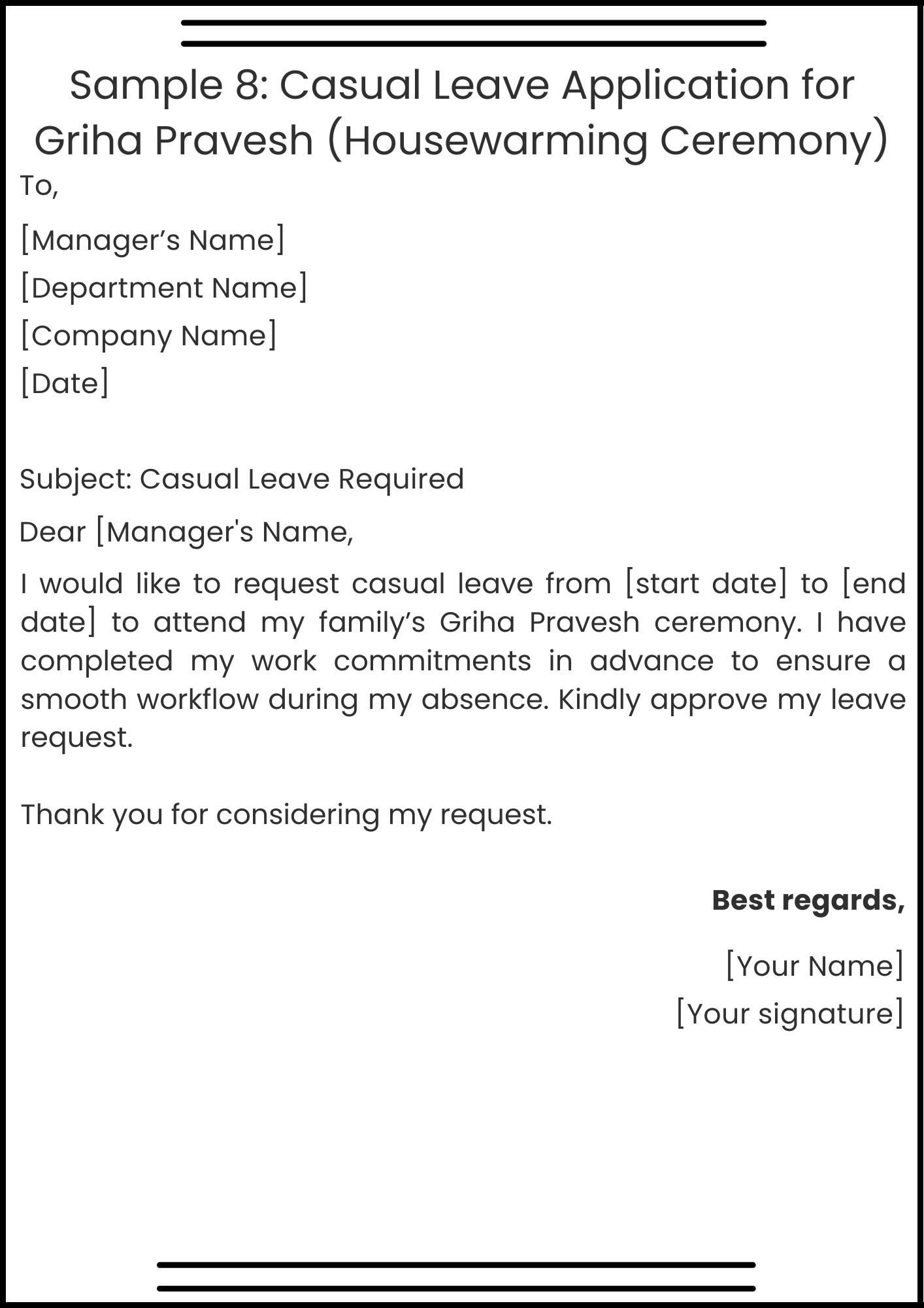 Sample 8 Casual Leave Application for Griha Pravesh (Housewarming Ceremony)