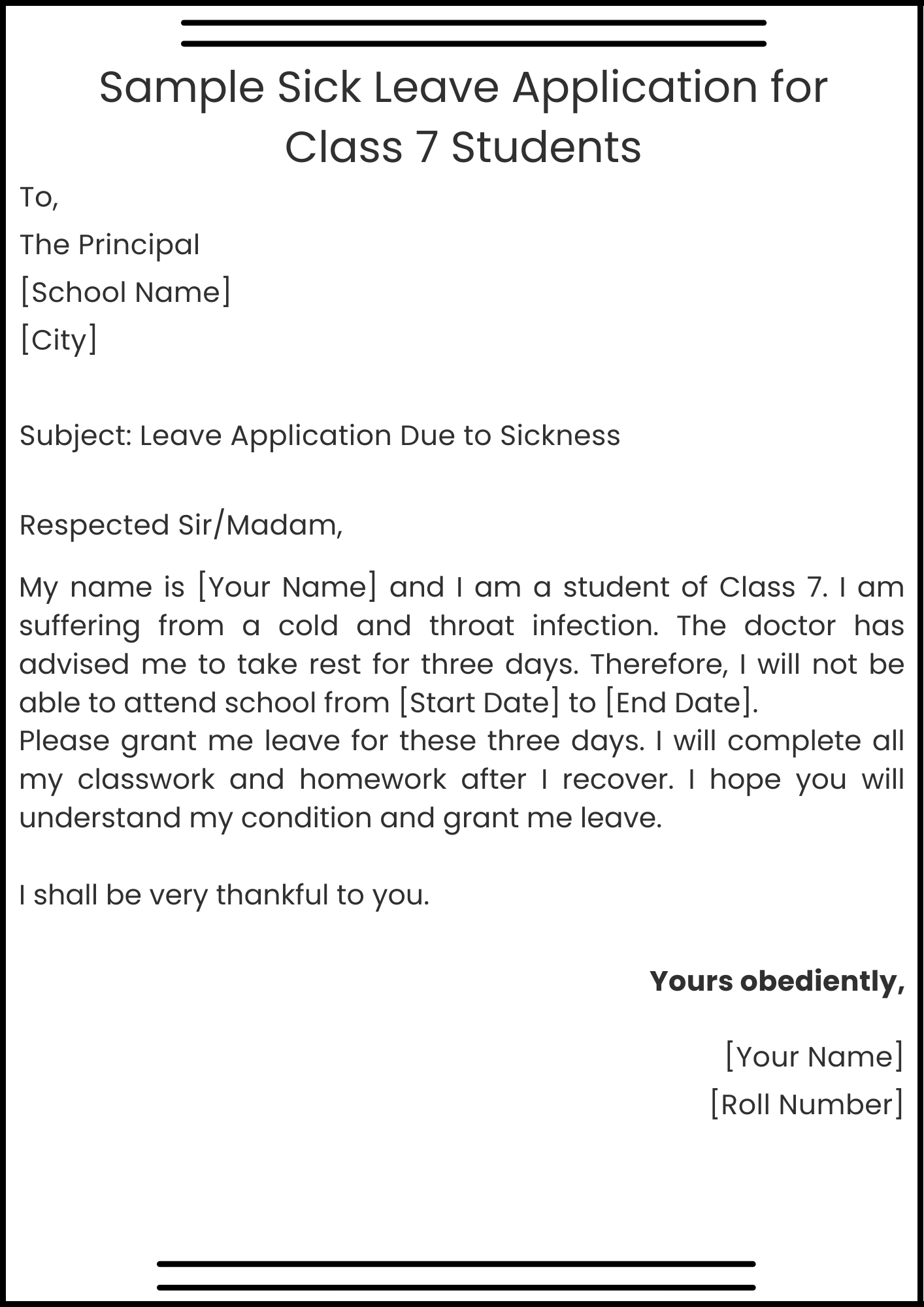 Sample Sick Leave Application for Class 7 Students