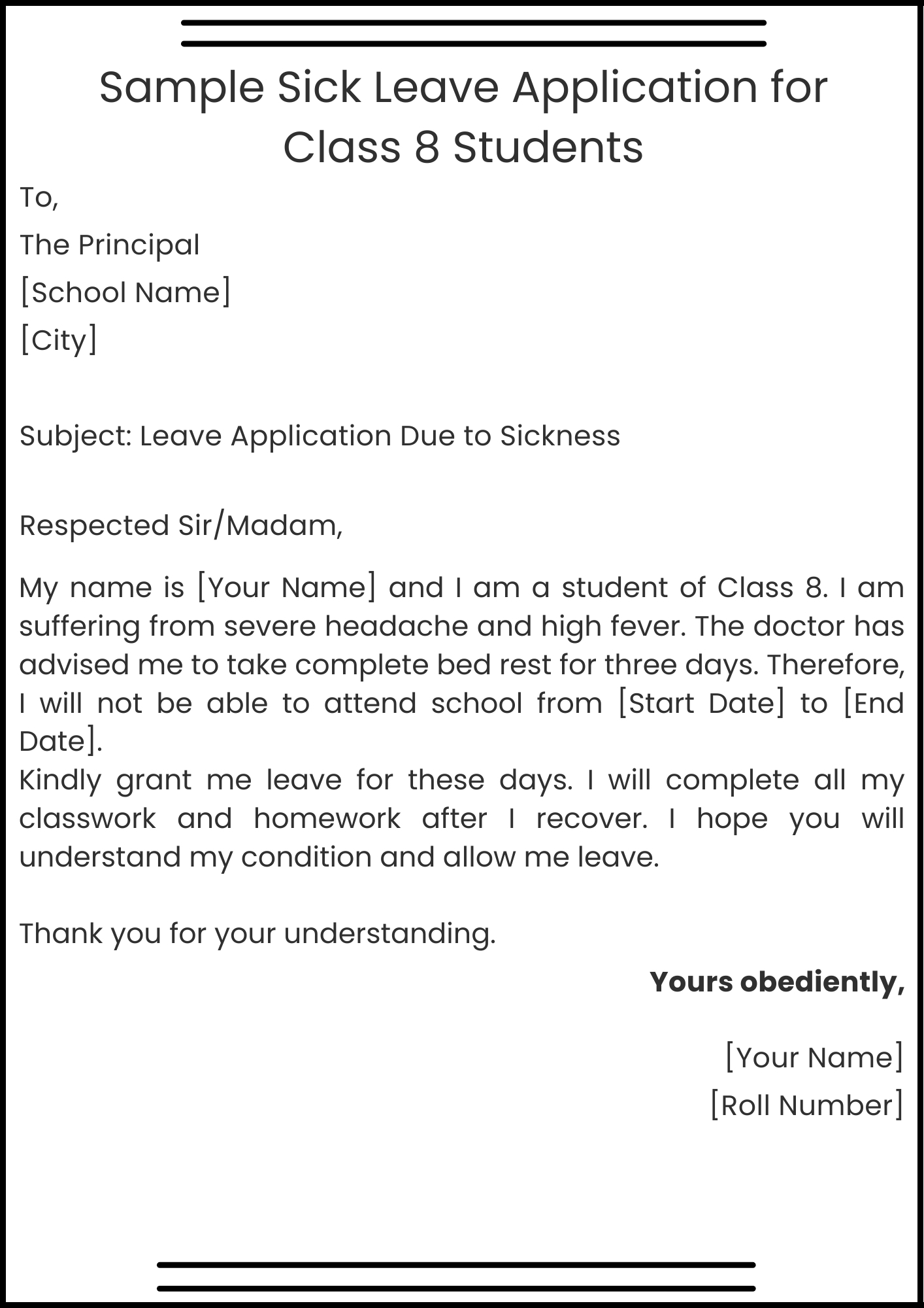 Sample Sick Leave Application for Class 8 Students