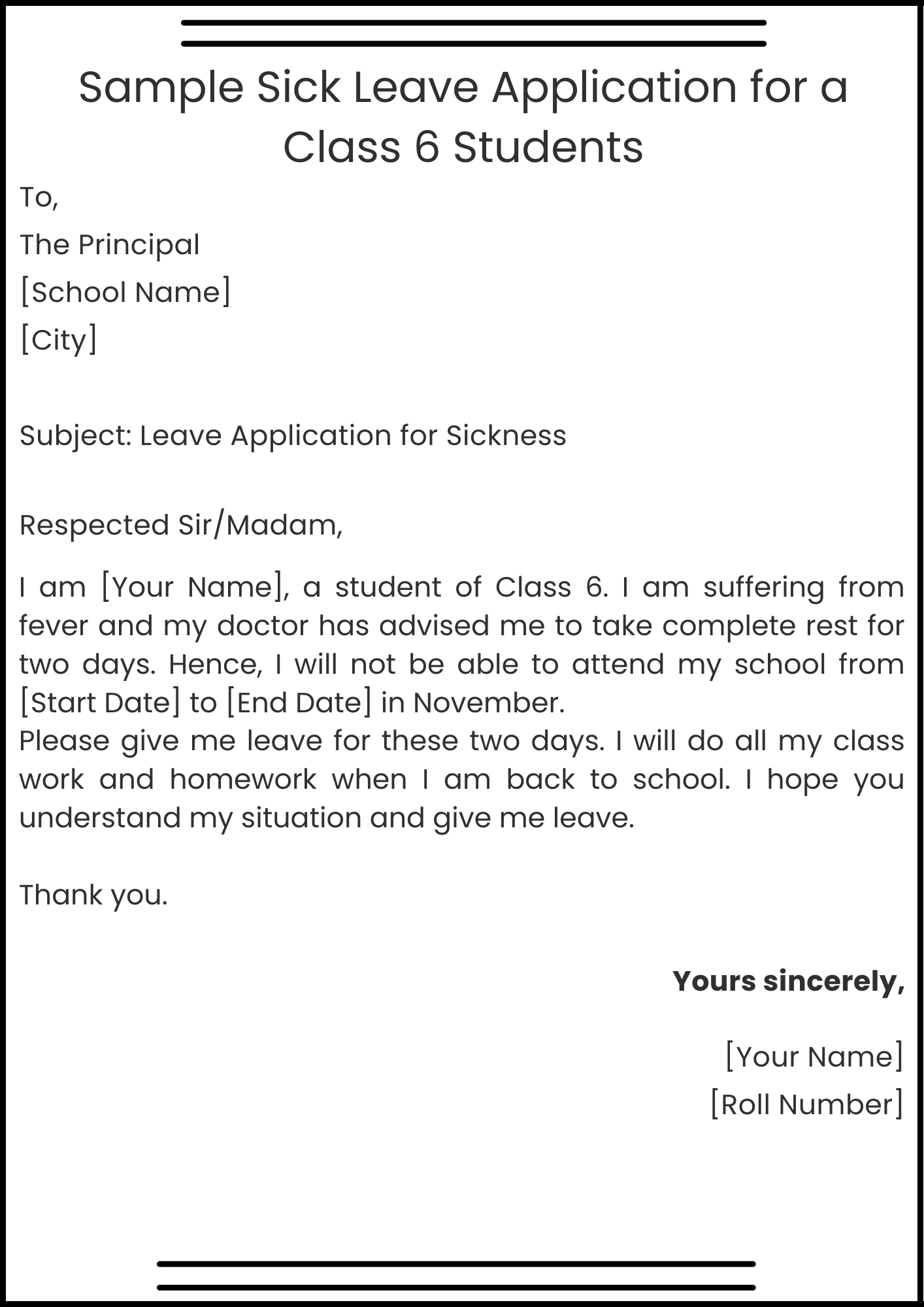 Sample Sick Leave Application for a Class 6 Students