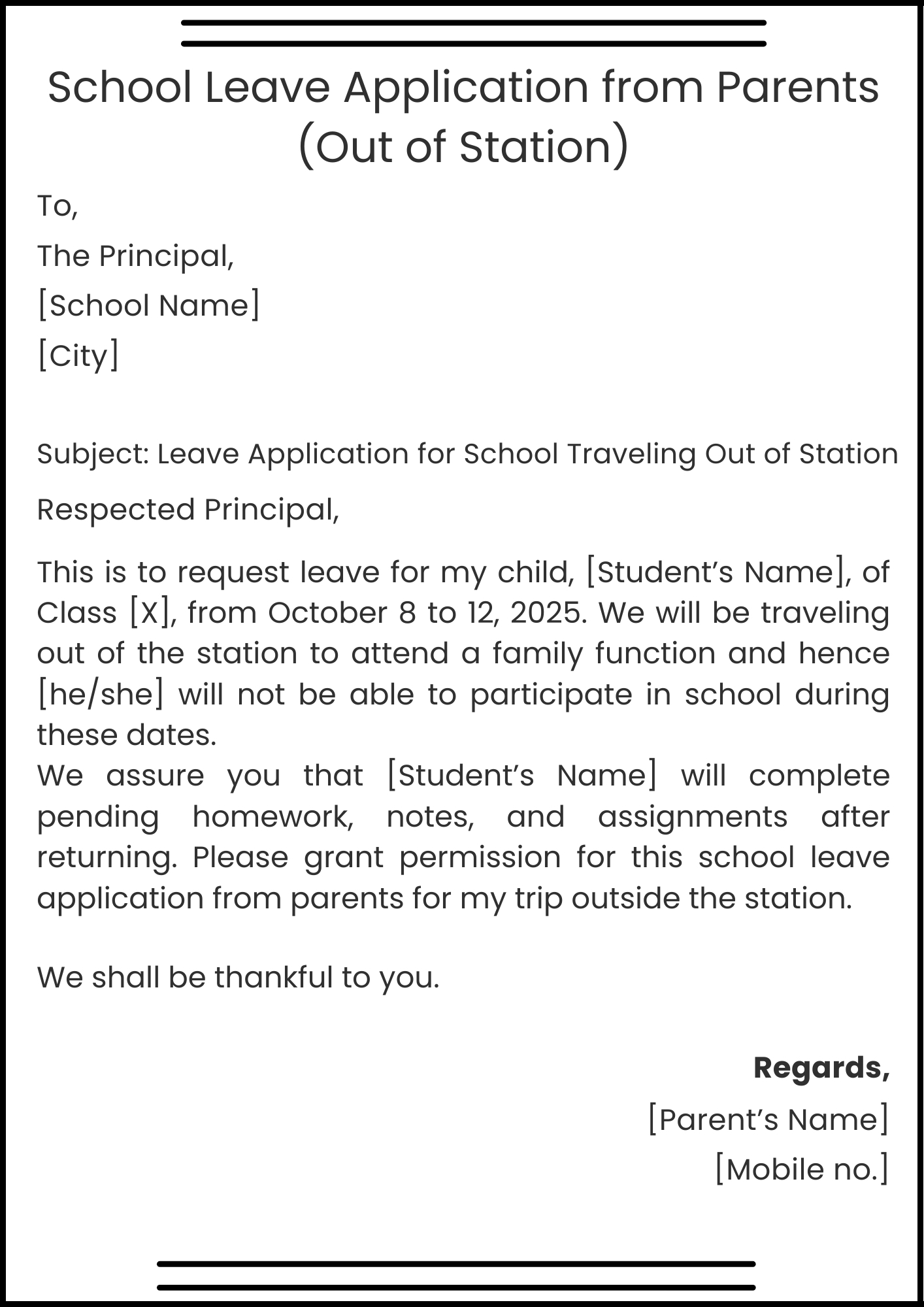 School Leave Application from Parents (Out of Station)
