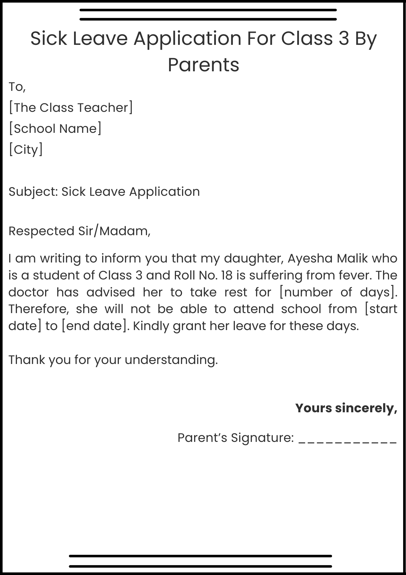 Sick Leave Application For Class 3 By Parents