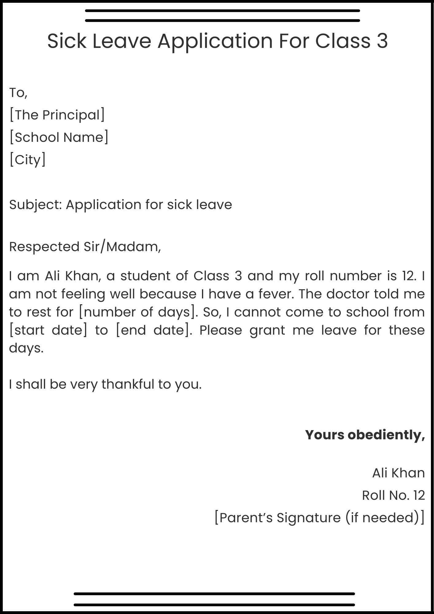 Sick Leave Application For Class 3