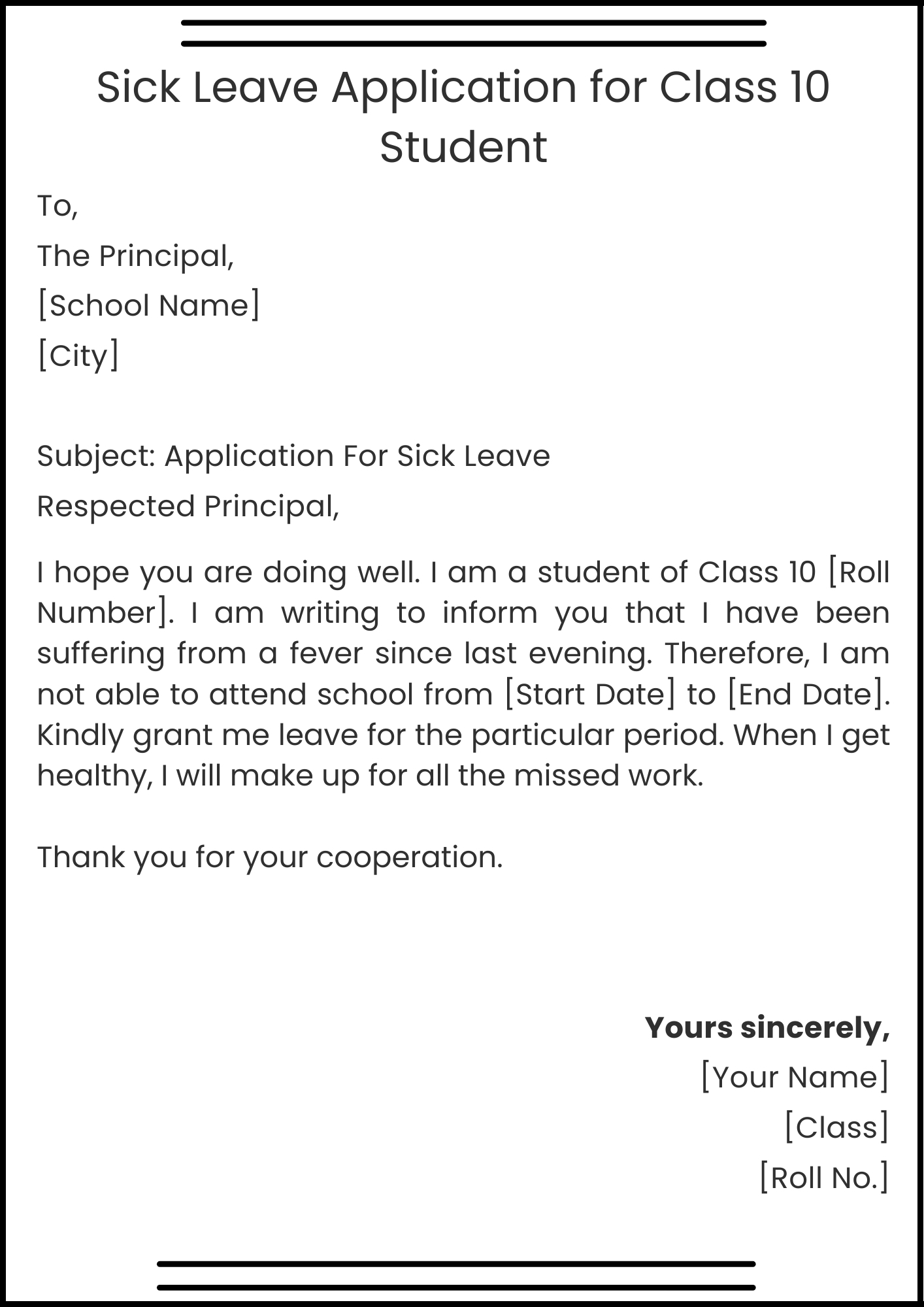 Sick Leave Application for Class 10 Student