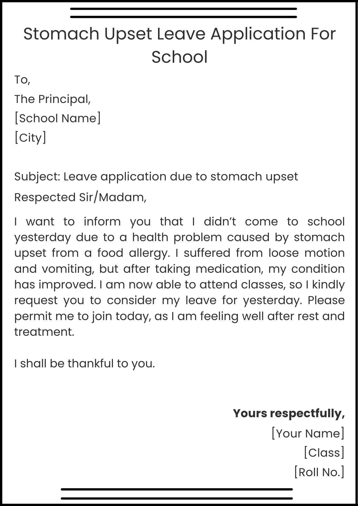 Stomach Upset Leave Application For School