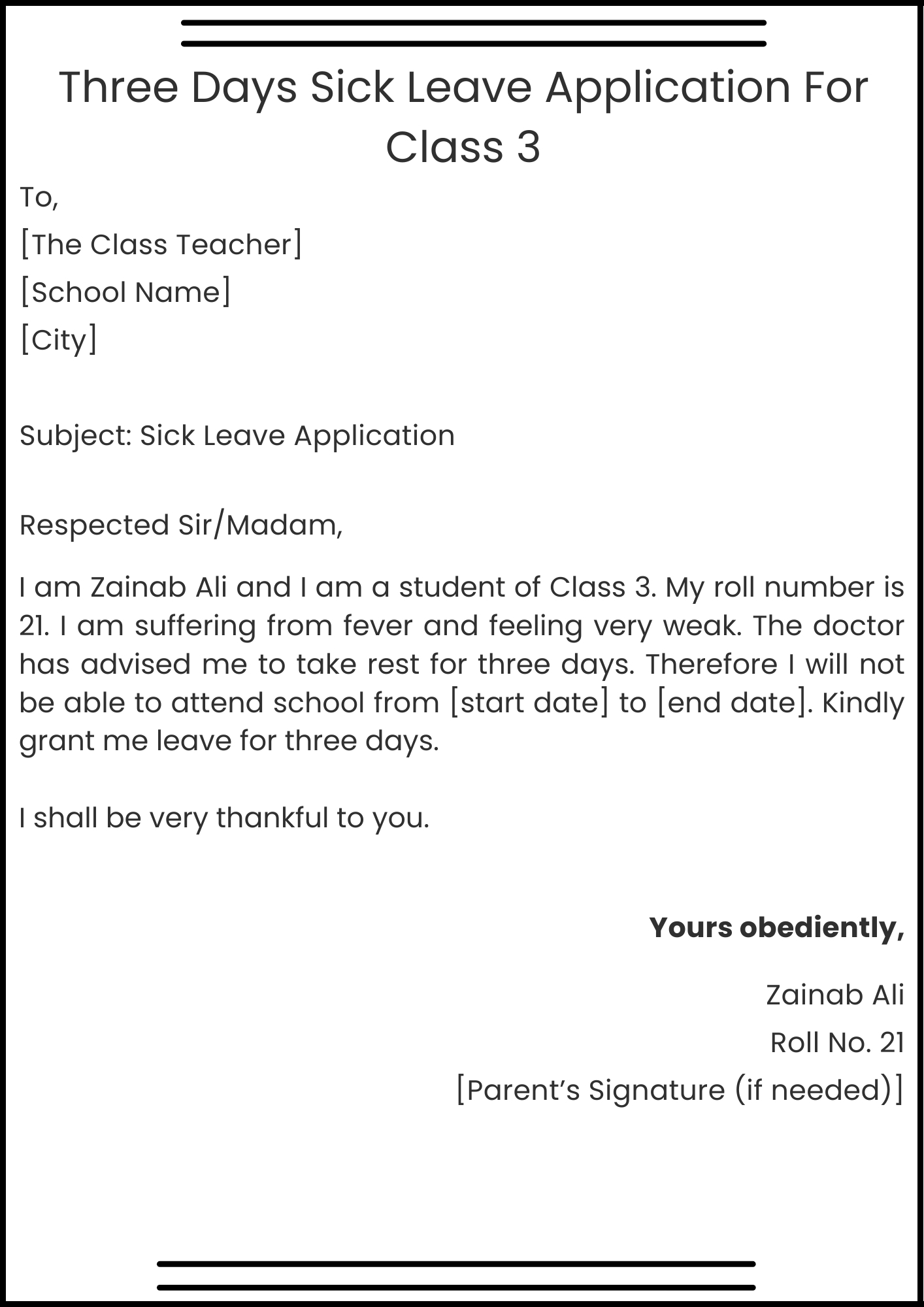 Three Days Sick Leave Application For Class 3