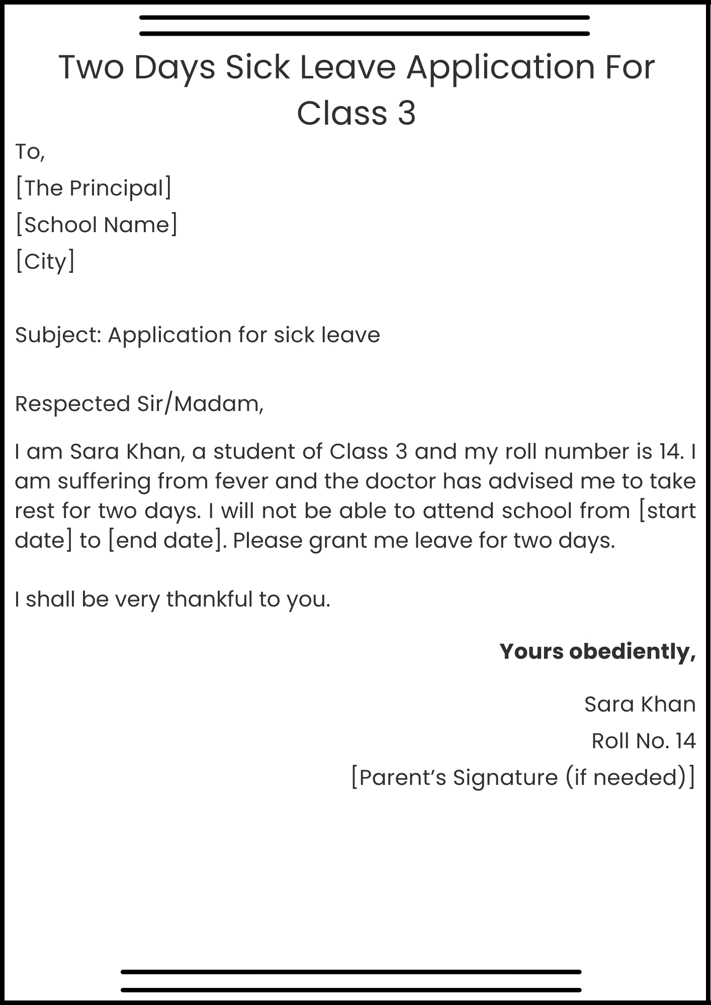 Two Days Sick Leave Application For Class 3