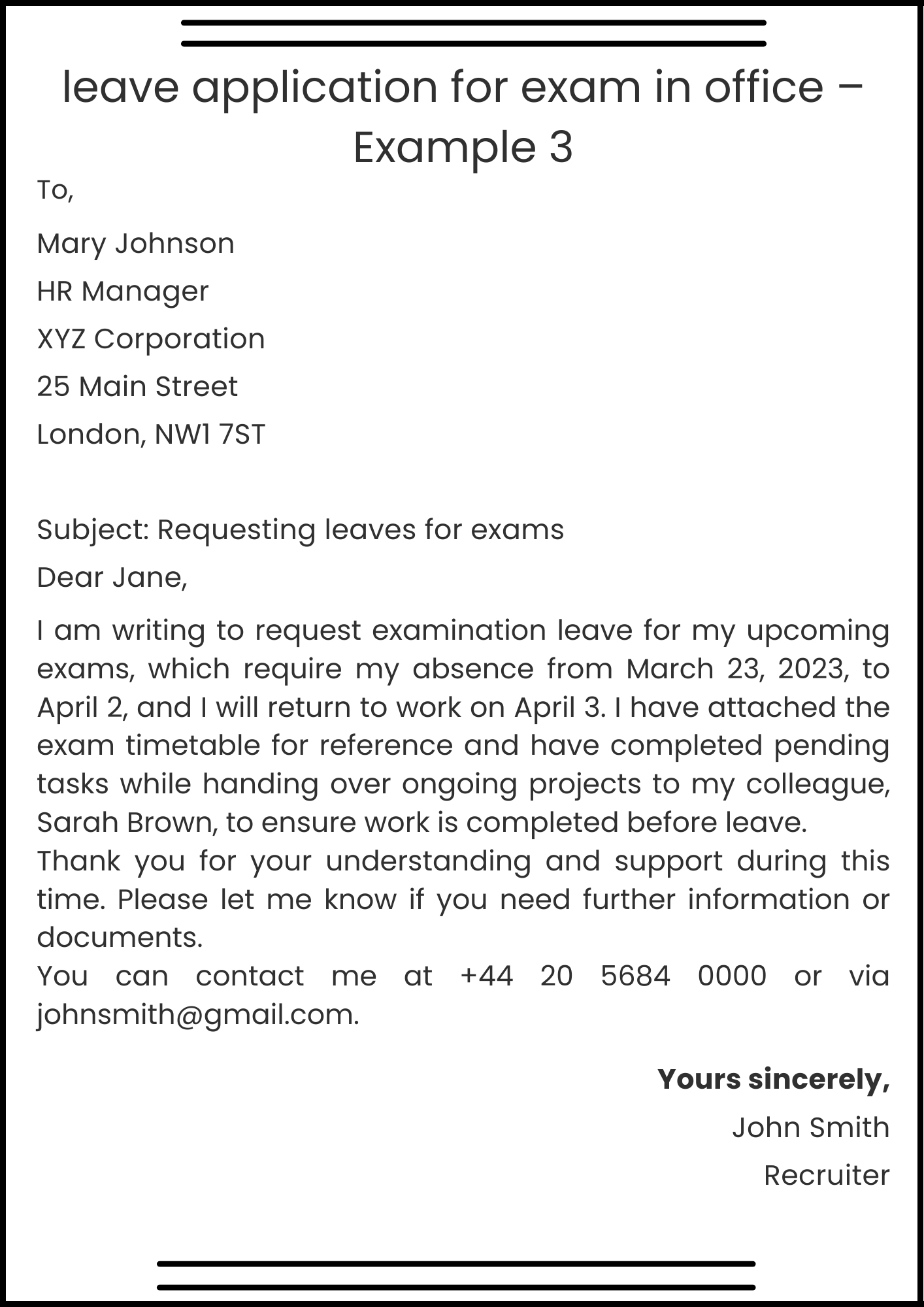 leave application for exam in office – Example 3