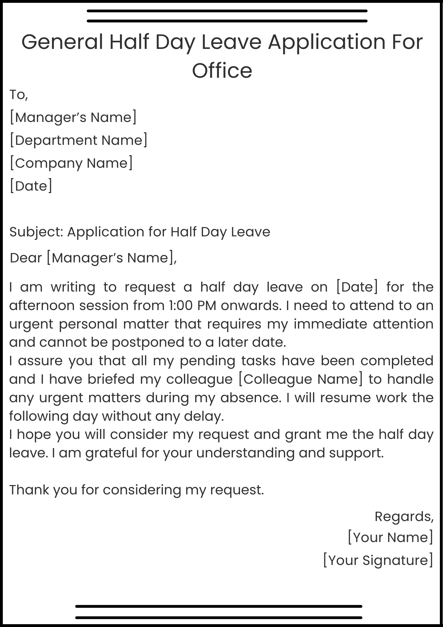 General Half Day Leave Application For Office