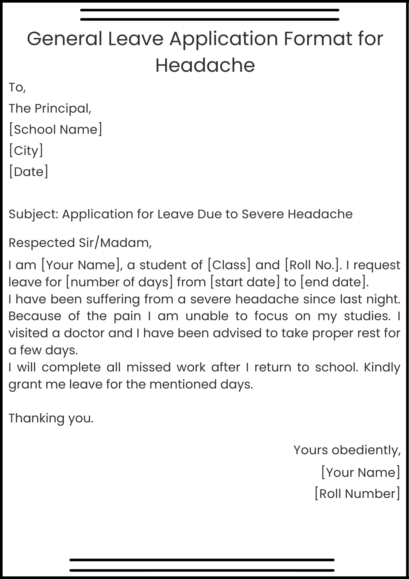 General Leave Application Format for Headache