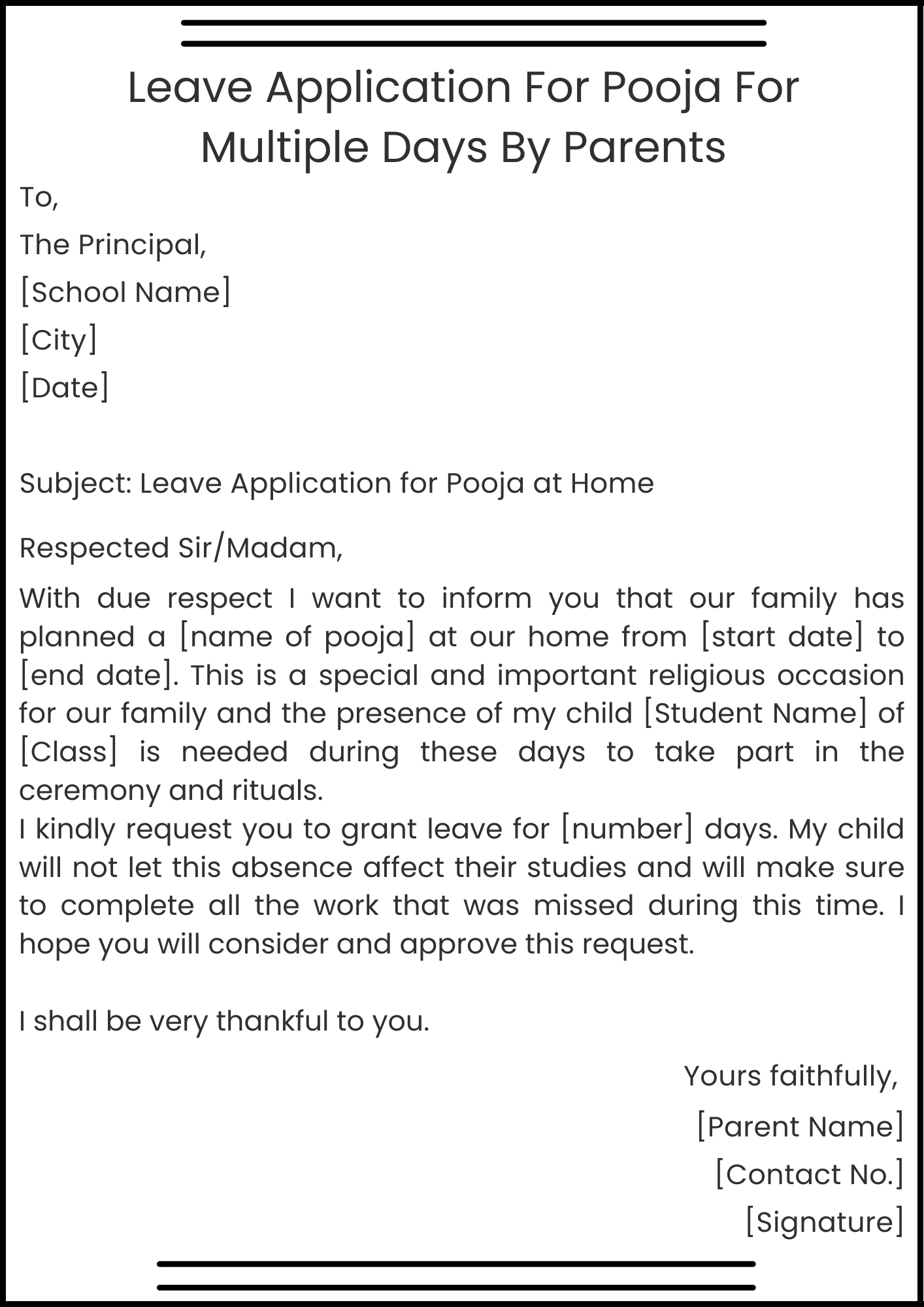 Leave Application For Pooja For Multiple Days By Parents