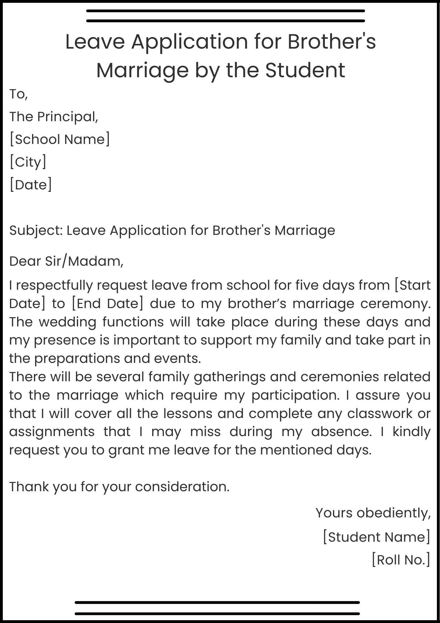 Leave Application for Brother's Marriage by the Student