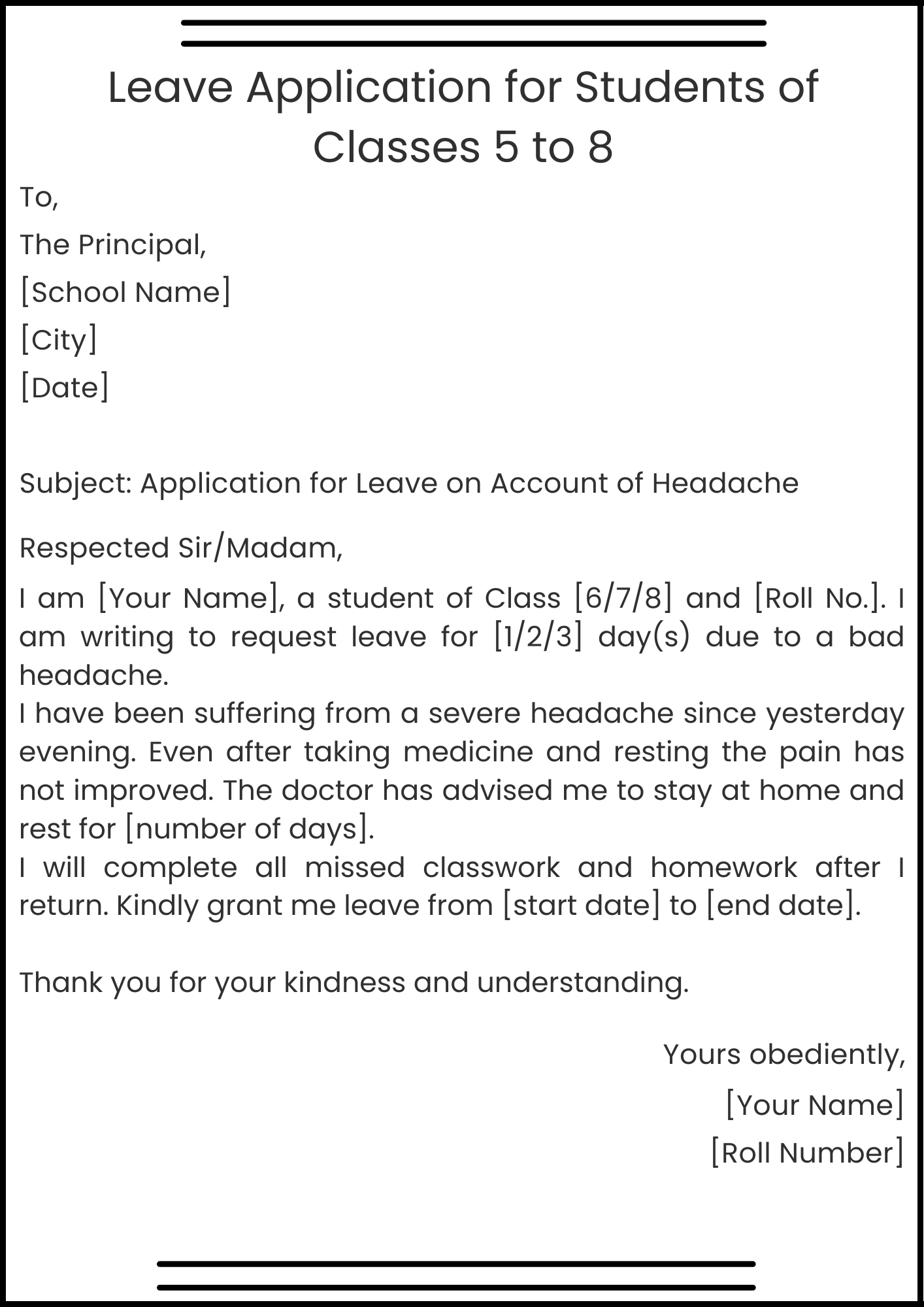 Leave Application for Students of Classes 5 to 8