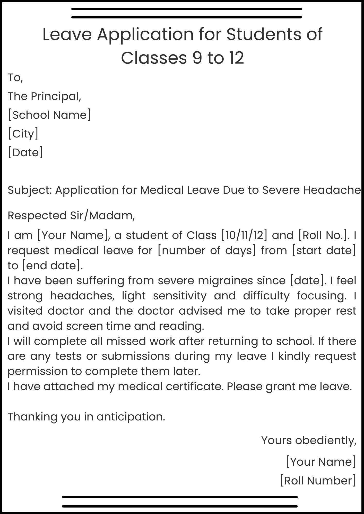 Leave Application for Students of Classes 9 to 12