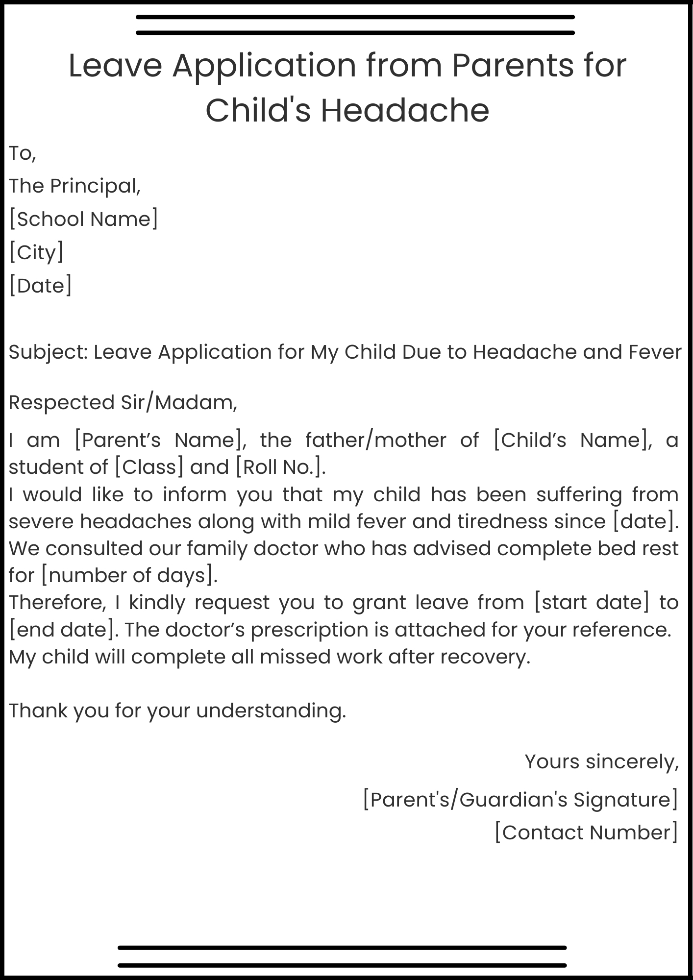Leave Application from Parents for Child's Headache