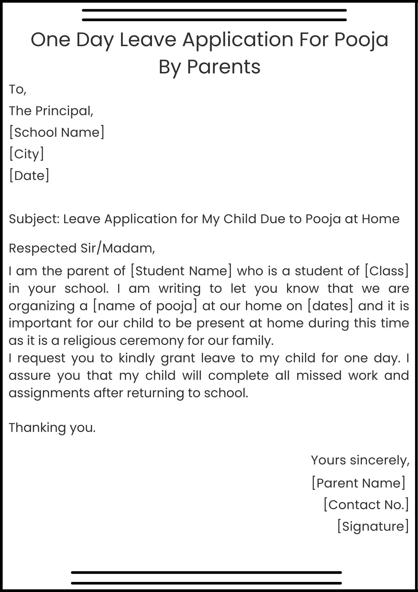 One Day Leave Application For Pooja By Parents