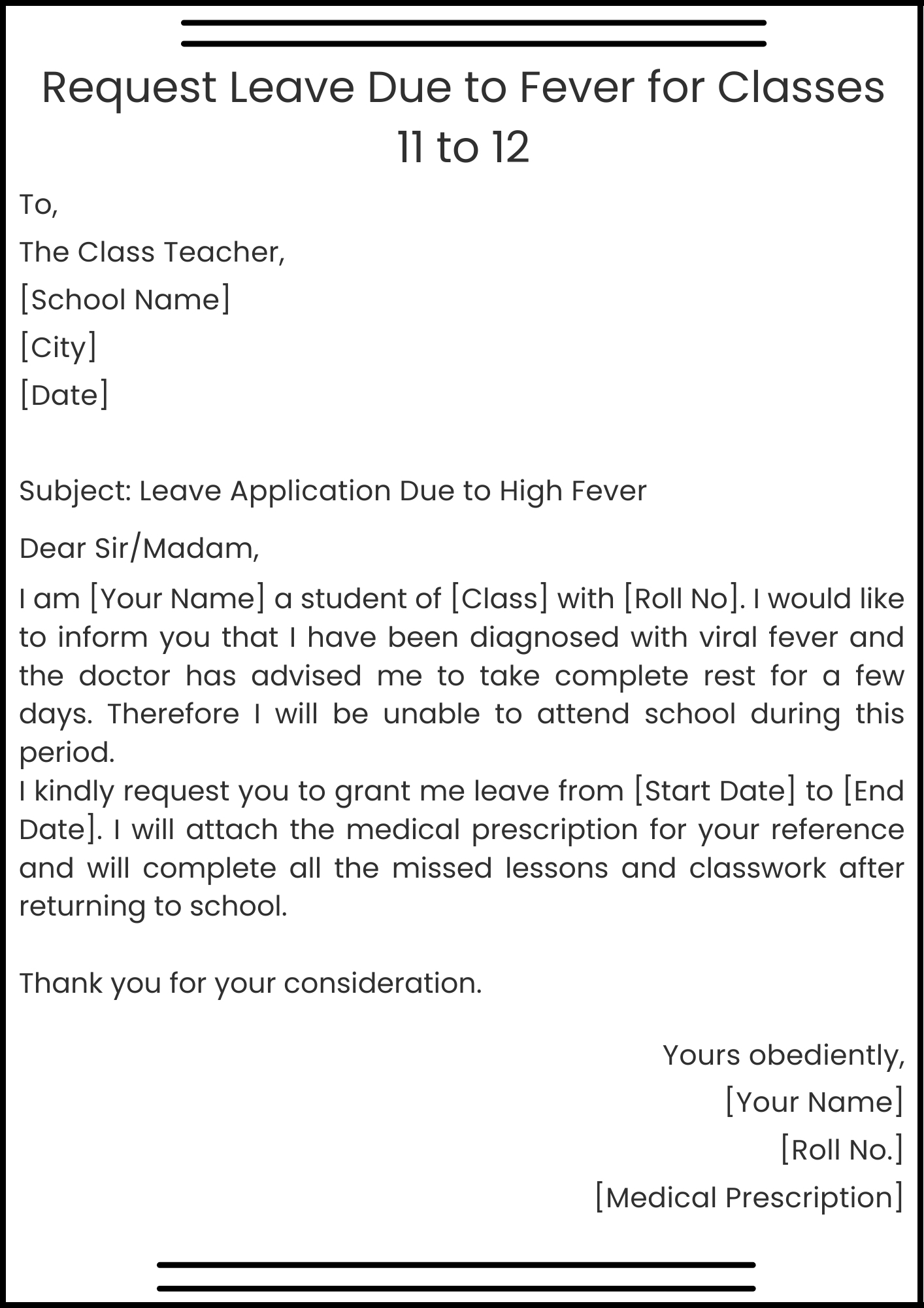 Request Leave Due to Fever for Classes 11 to 12