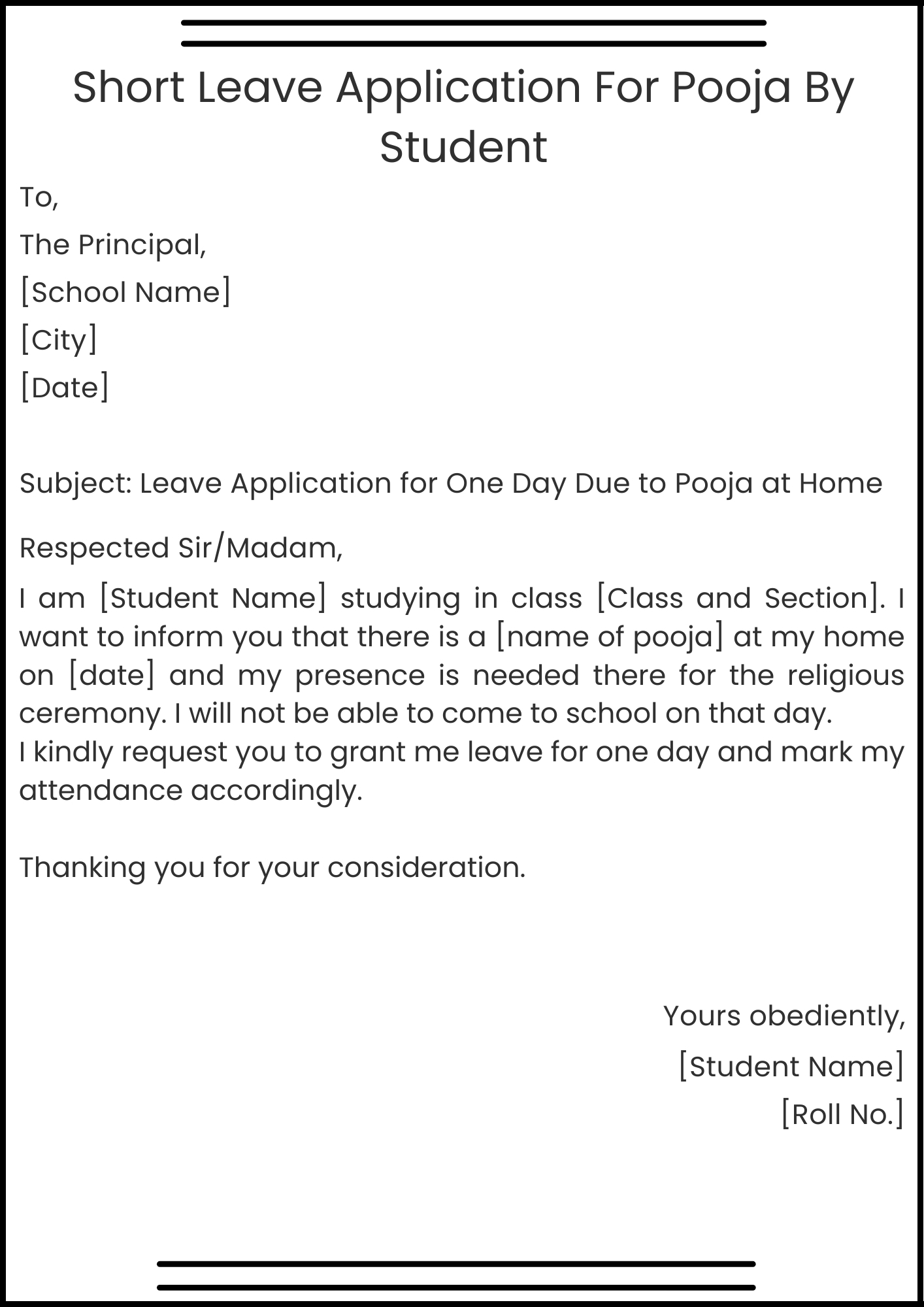Short Leave Application For Pooja By Student