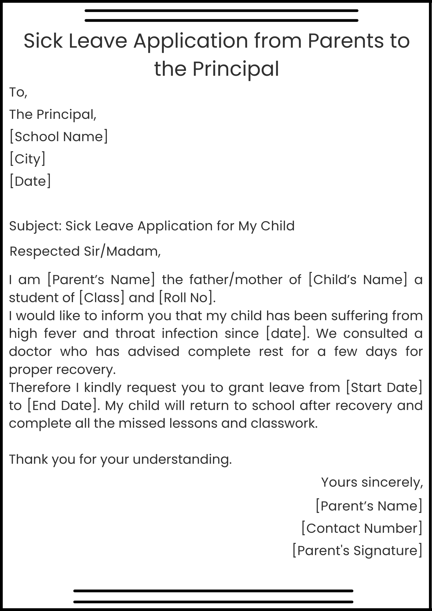 Sick Leave Application from Parents to the Principal