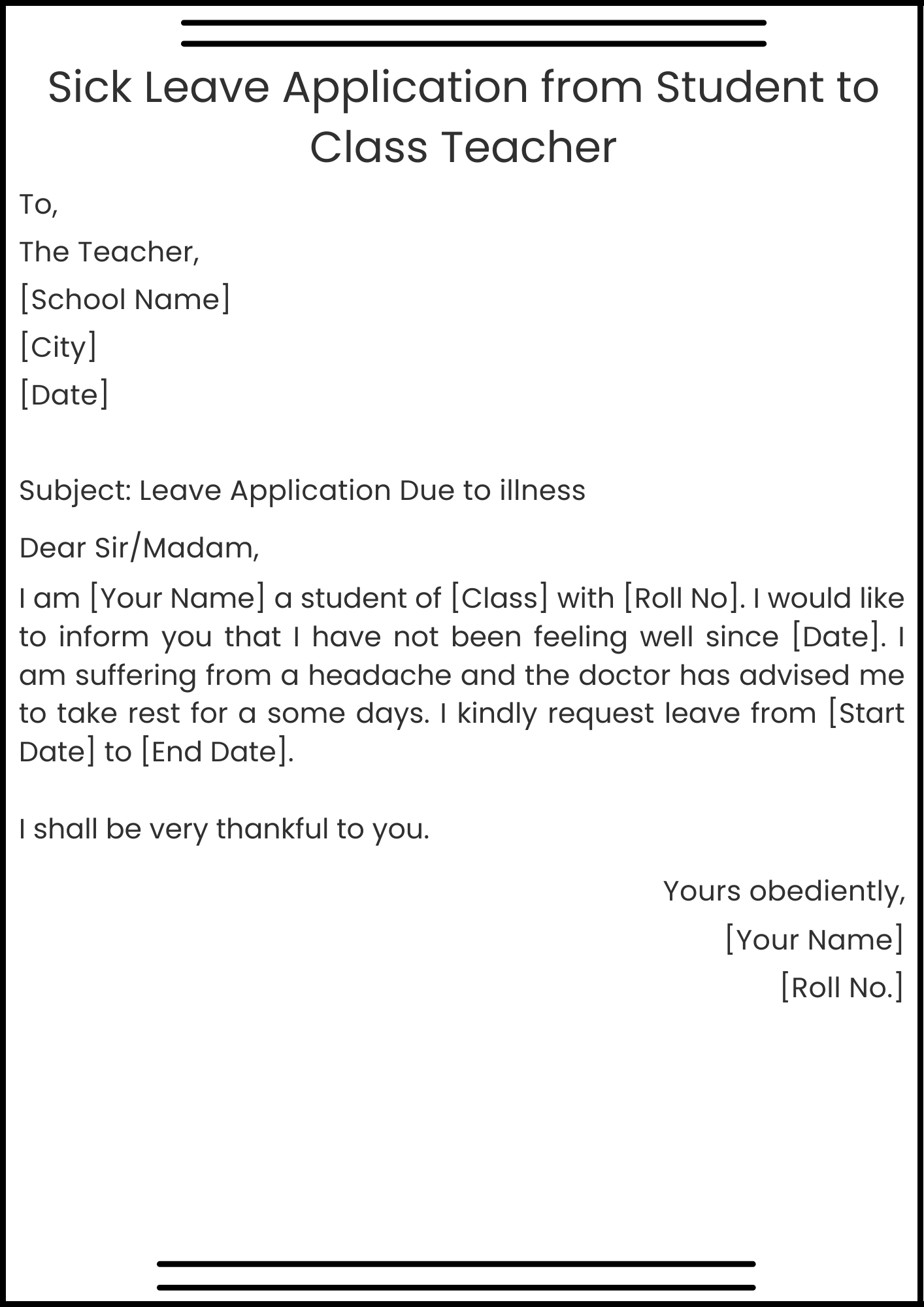 Sick Leave Application from Student to Class Teacher