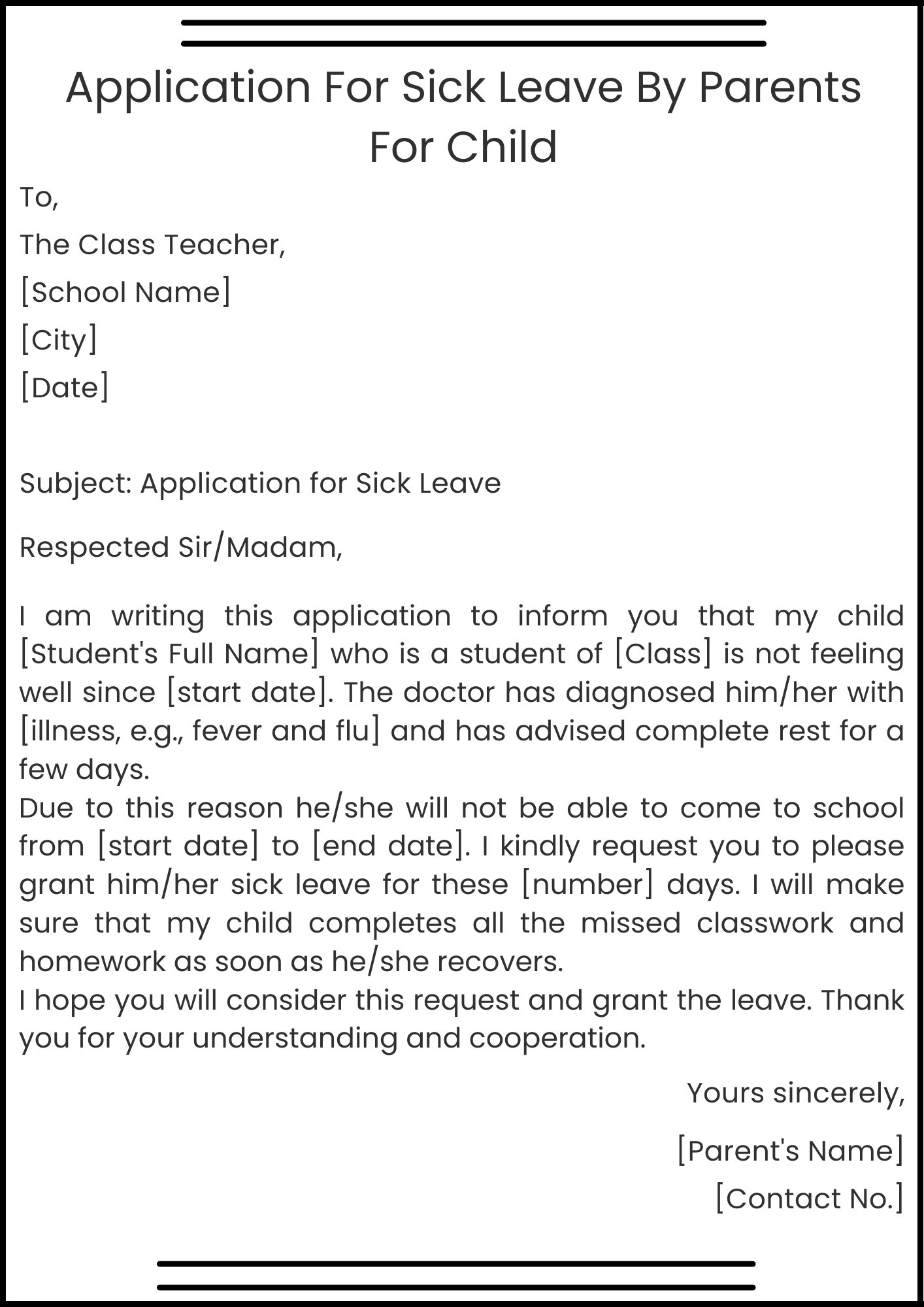 Application For Sick Leave By Parents For Child