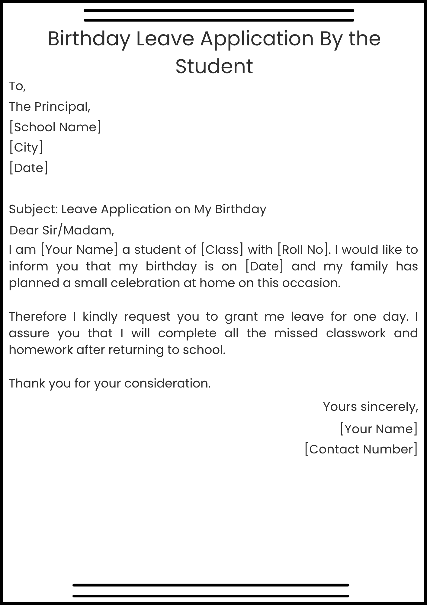 Birthday Leave Application By the Student