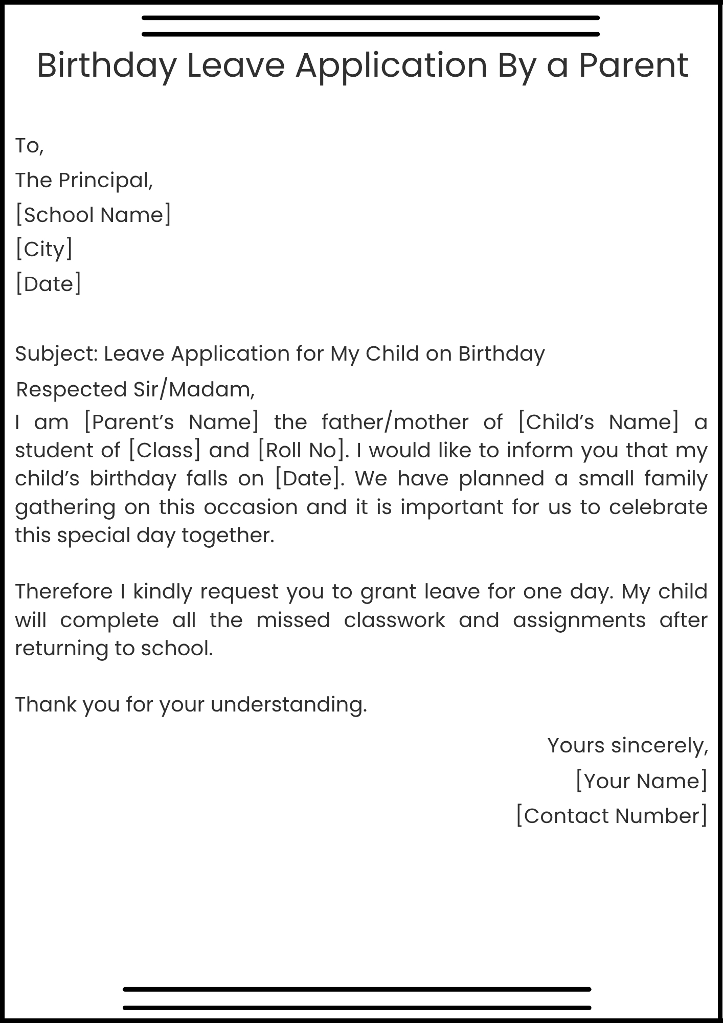 Birthday Leave Application By a Parent
