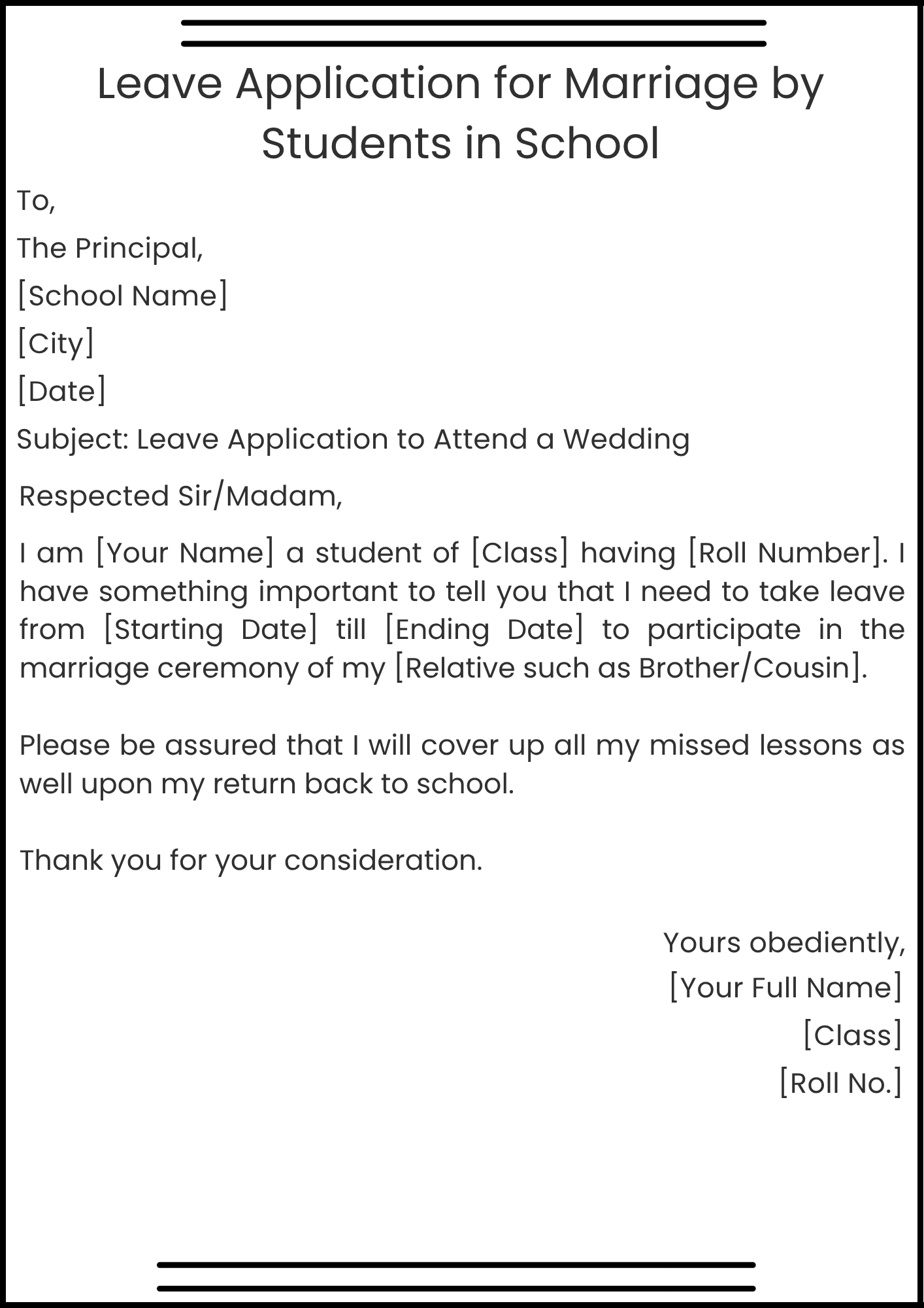 Leave Application for Marriage by Students in School