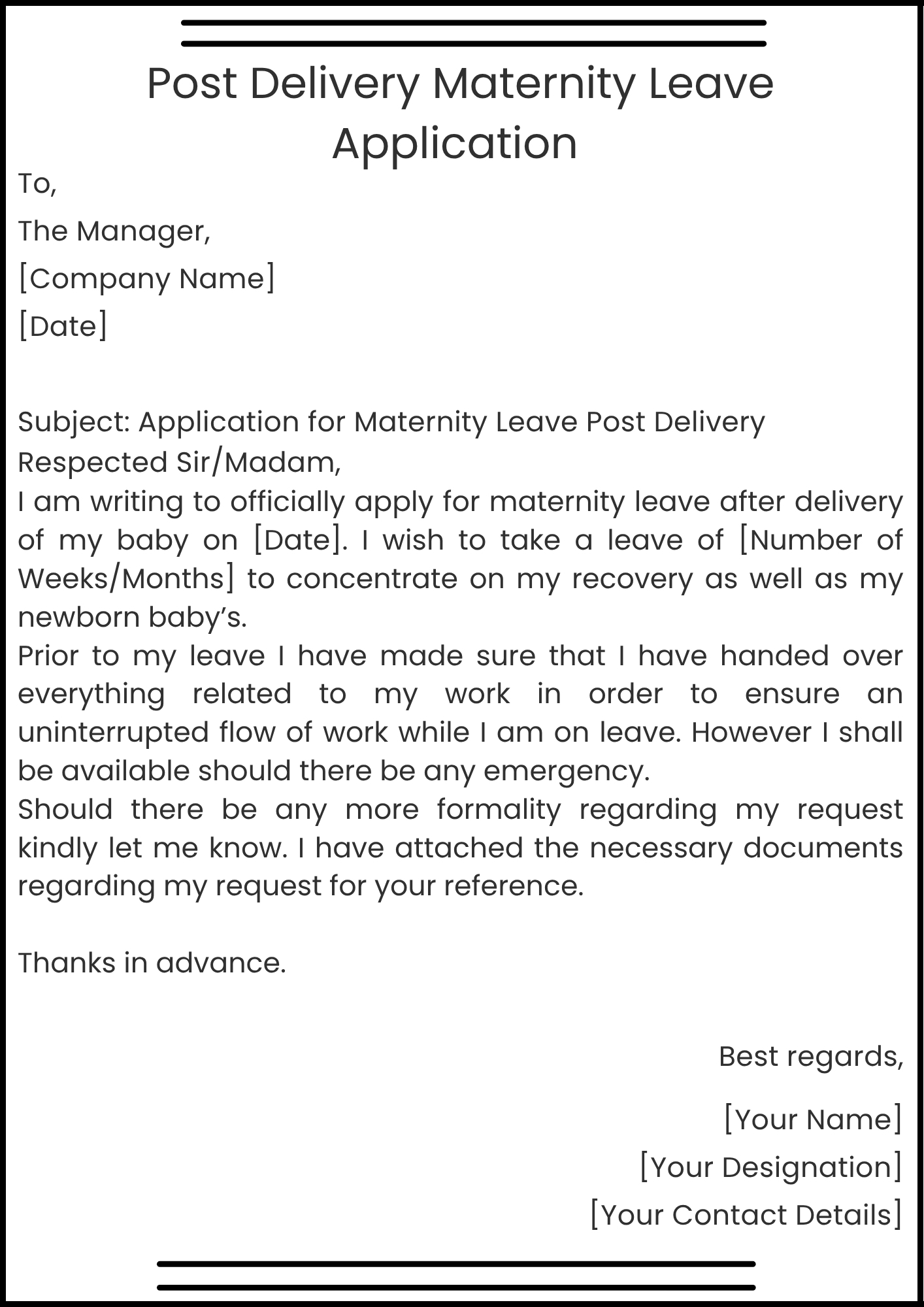 Post Delivery Maternity Leave Application 