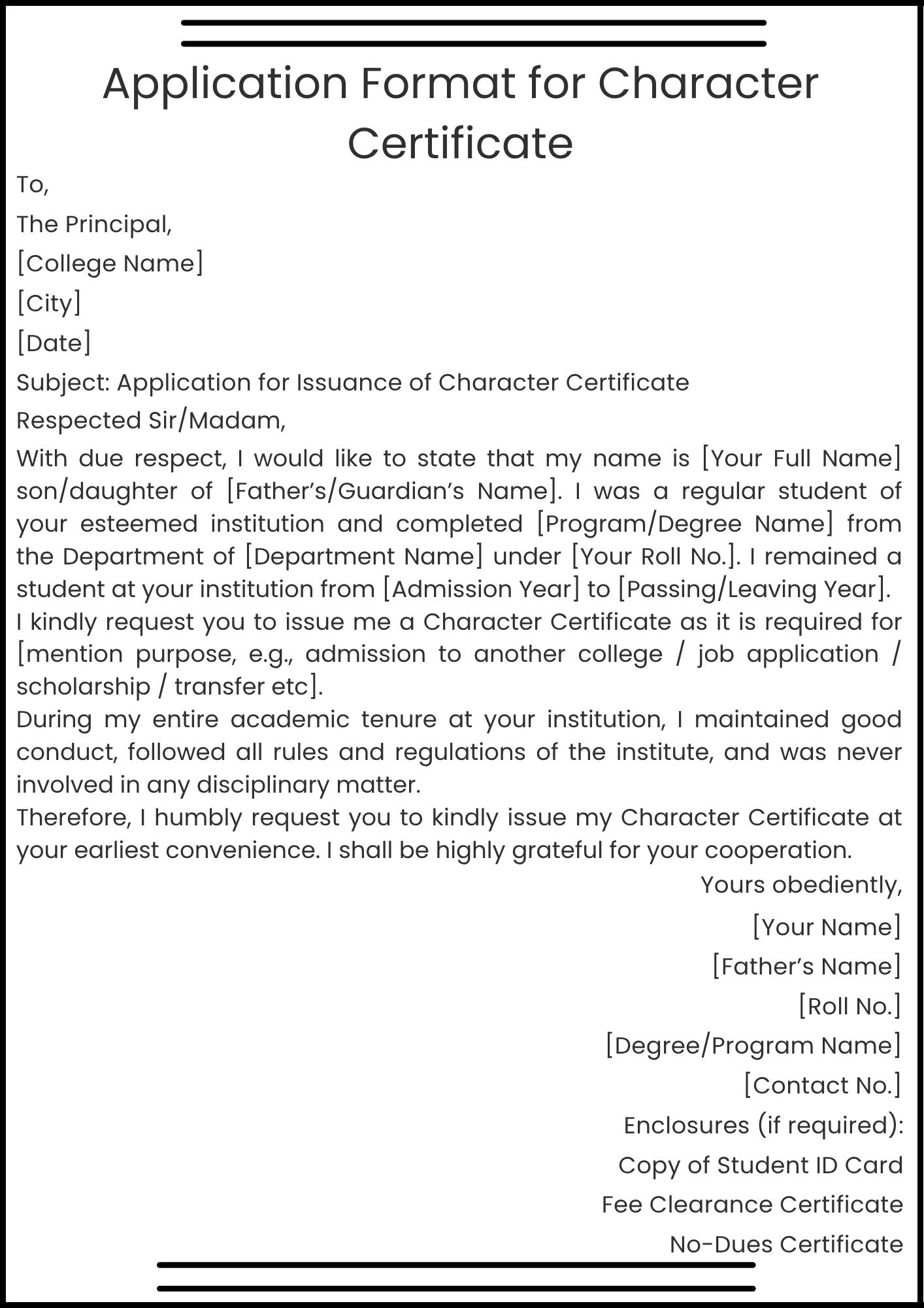 Application Format for Character Certificate