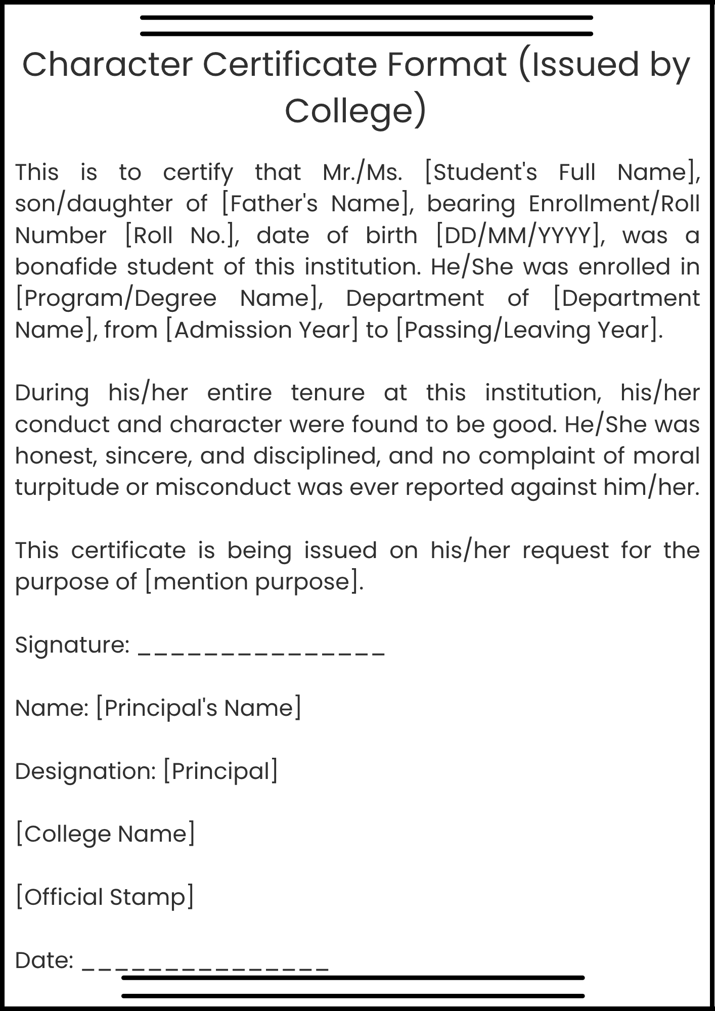 Character Certificate Format (Issued by College)