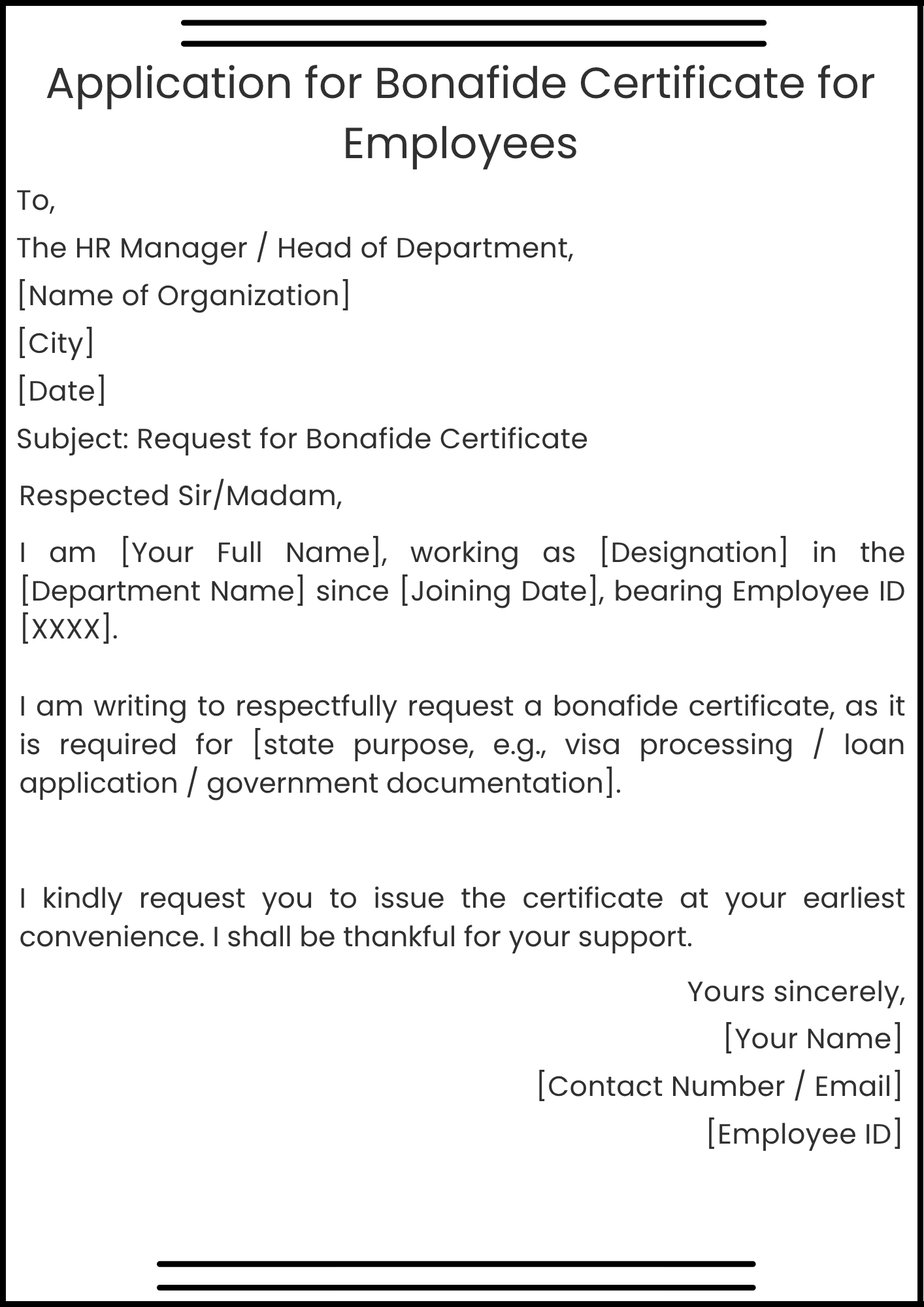 Application for Bonafide Certificate for Employees