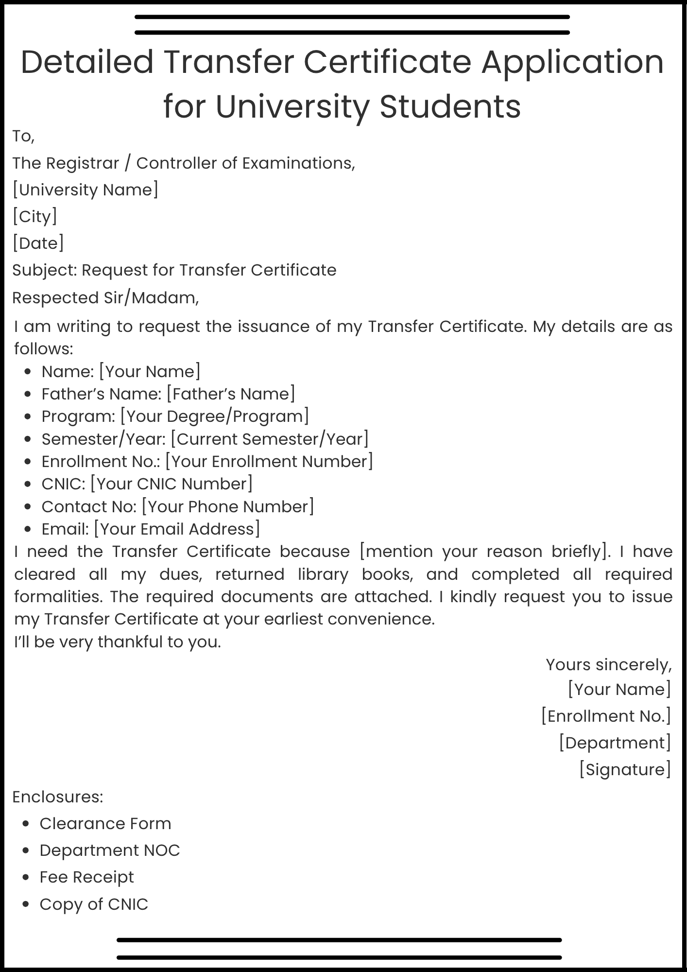 Detailed Transfer Certificate Application for University Students