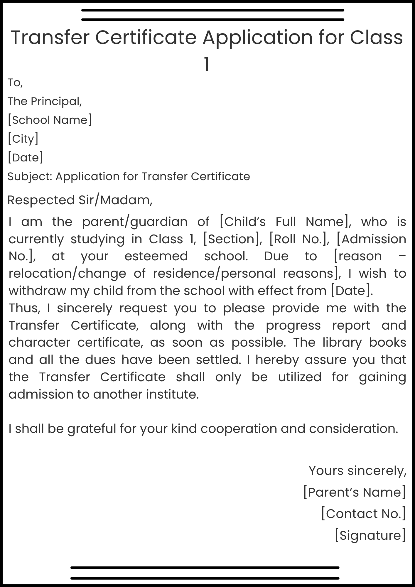 Transfer Certificate Application for Class 1