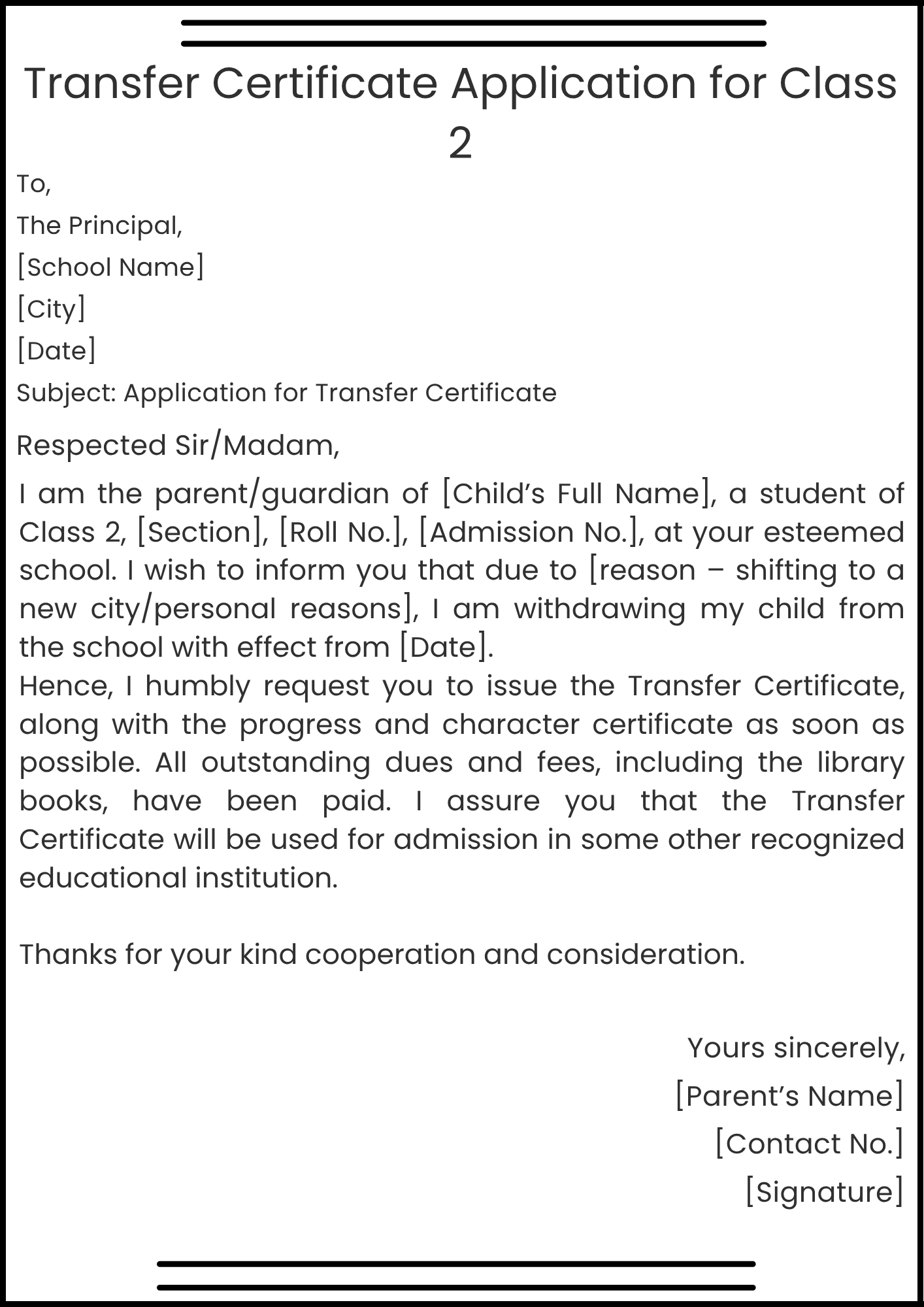 Transfer Certificate Application for Class 2