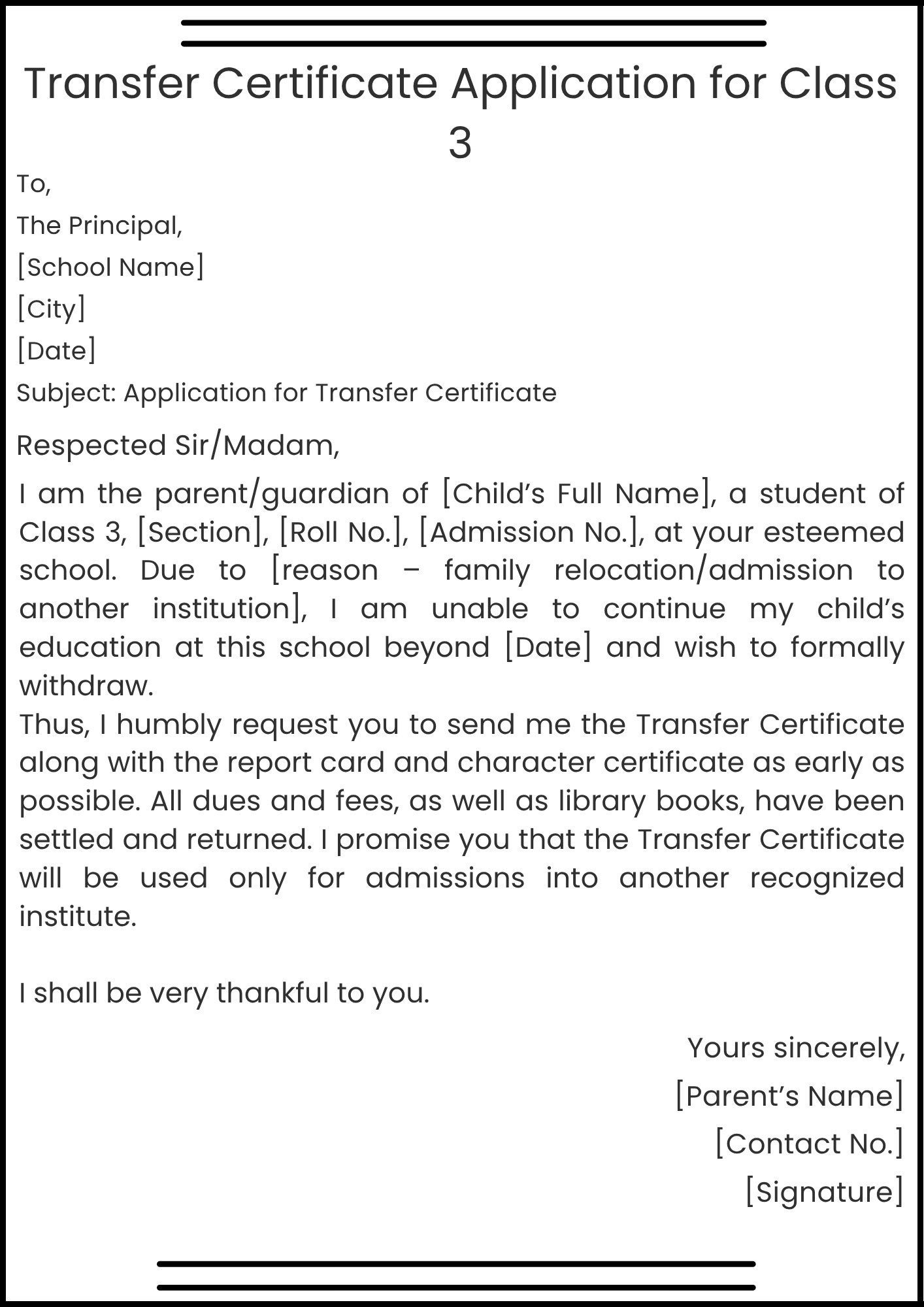 Transfer Certificate Application for Class 3