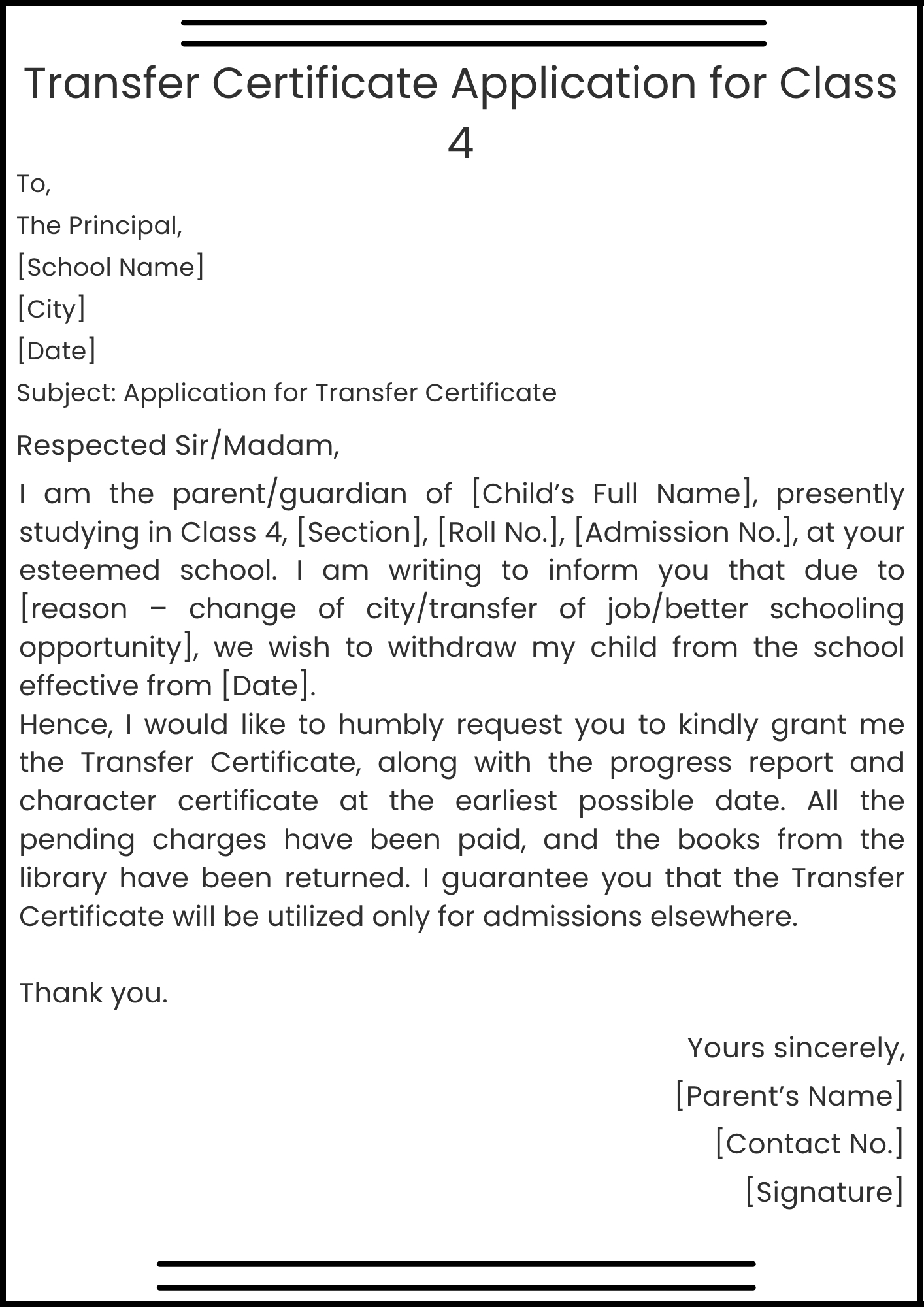 Transfer Certificate Application for Class 4