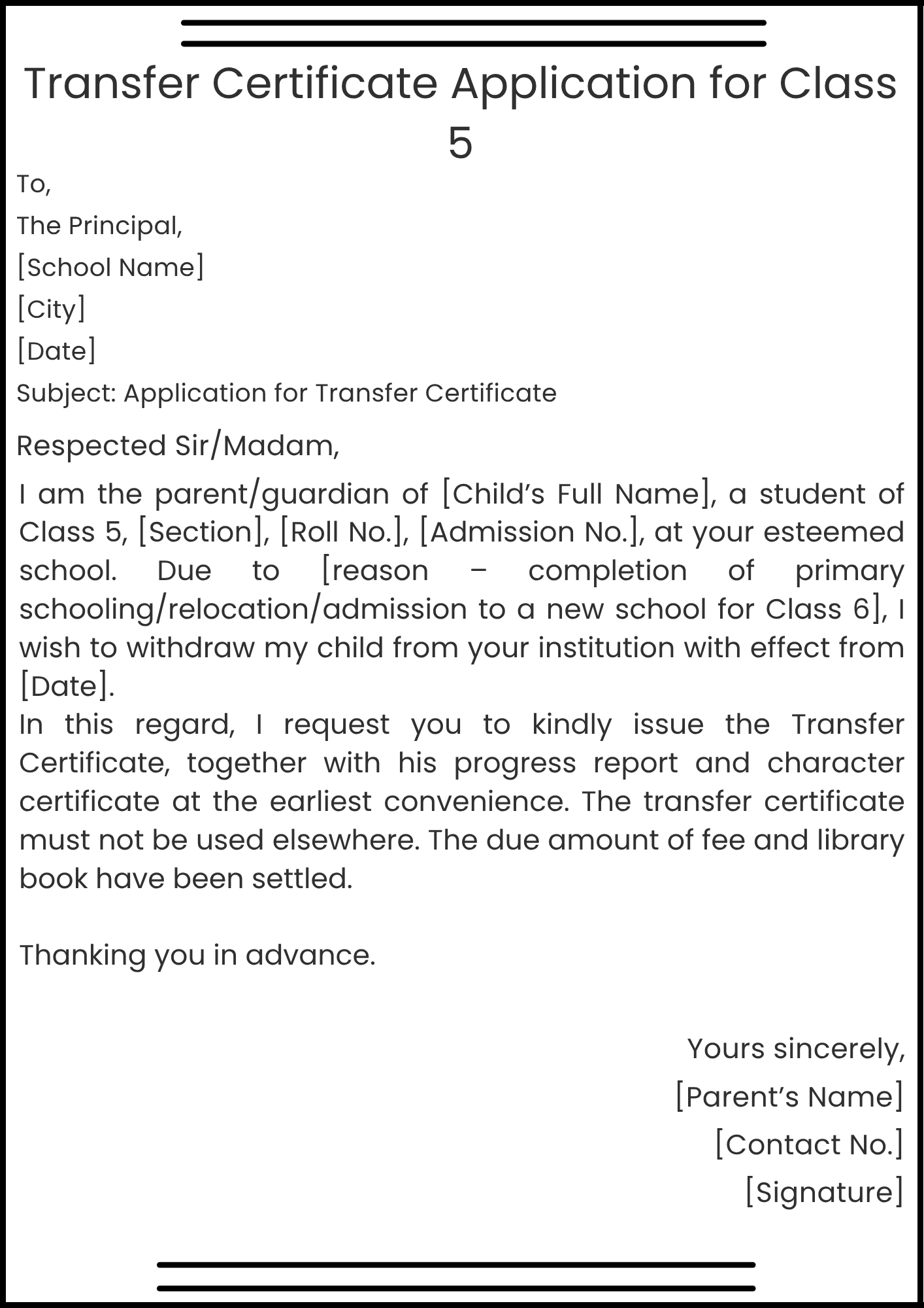 Transfer Certificate Application for Class 5