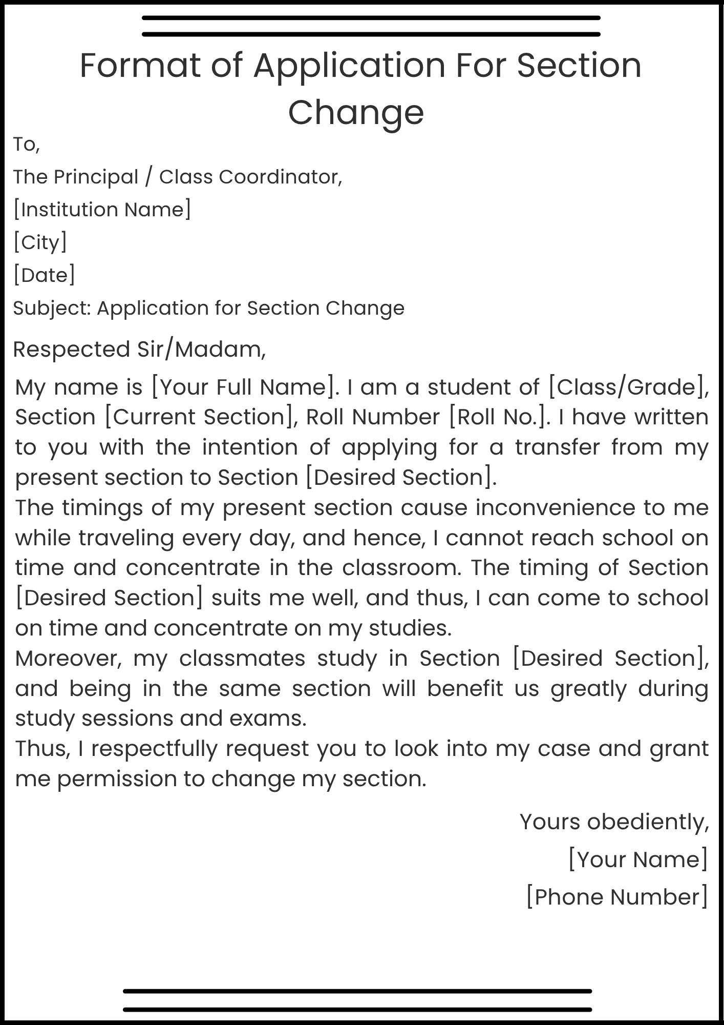 Format of Application For Section Change 