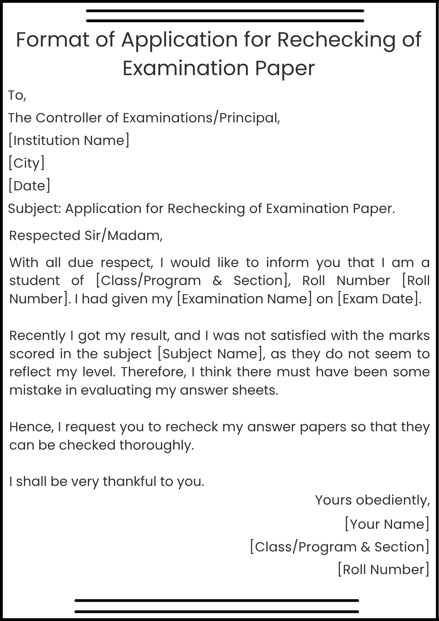 Format of Application for Rechecking of Examination Paper